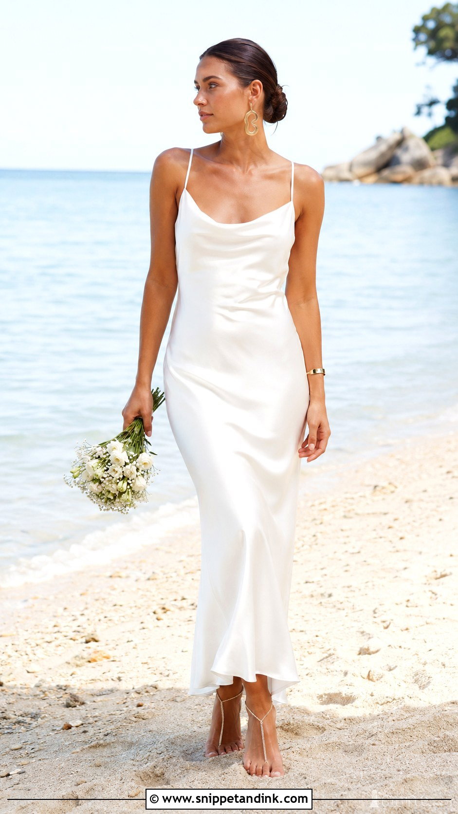 Bride Beach Slip Dress With Barefoot Sandals - Snippet and Ink - 20 Bride Beach Outfit Ideas