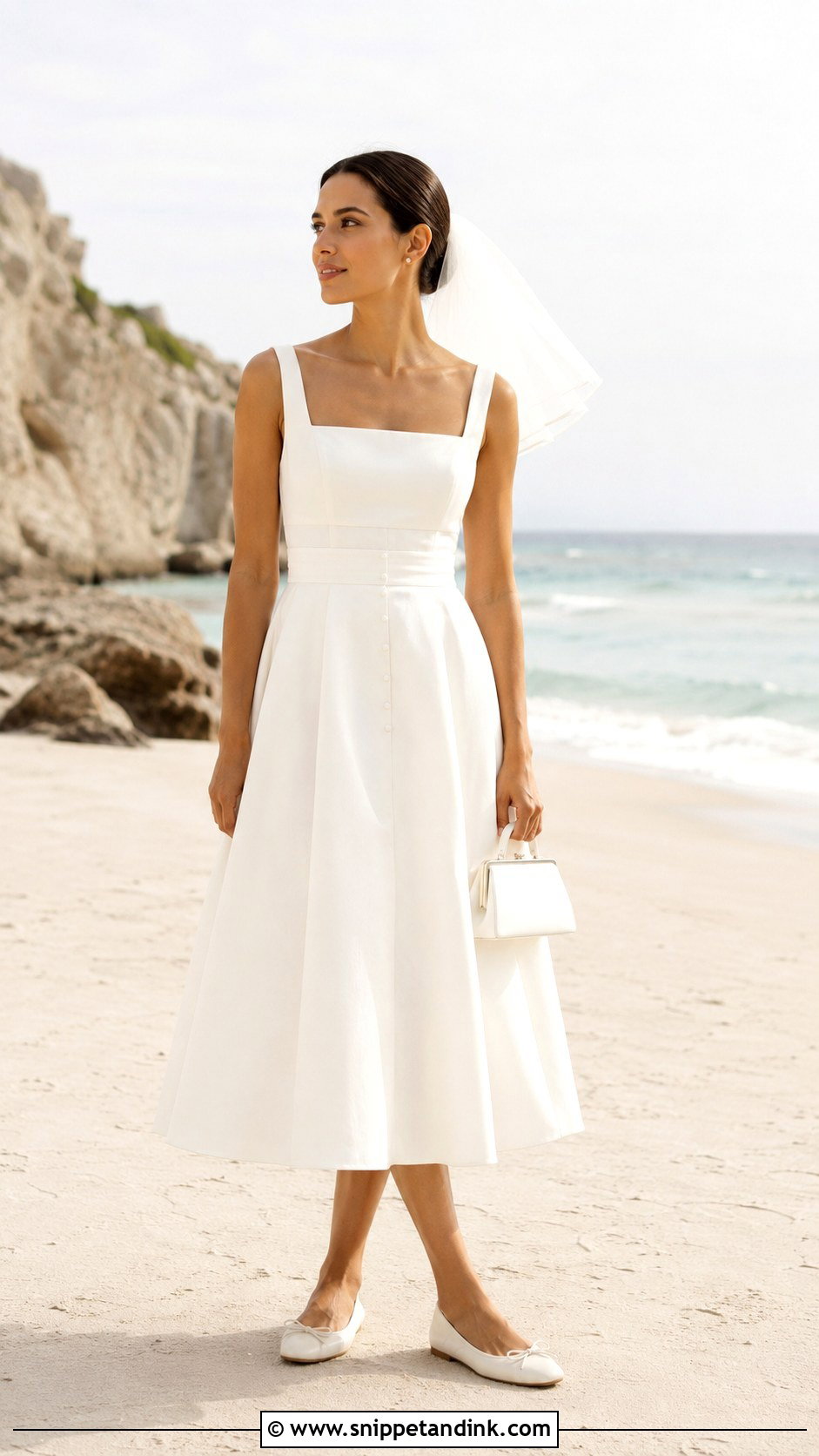Bride Beach Tea Length Dress With Ballet Flats - Snippet and Ink - 20 Bride Beach Outfit Ideas