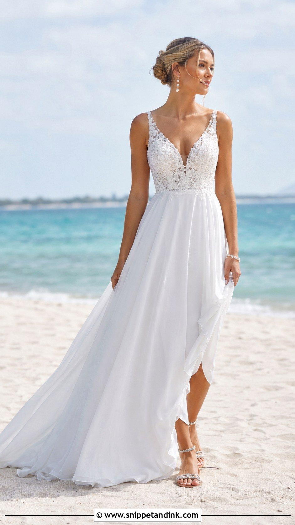 Bride Beach Wedding Dress With Flat Sandals - Snippet and Ink - 20 Bride Beach Outfit Ideas