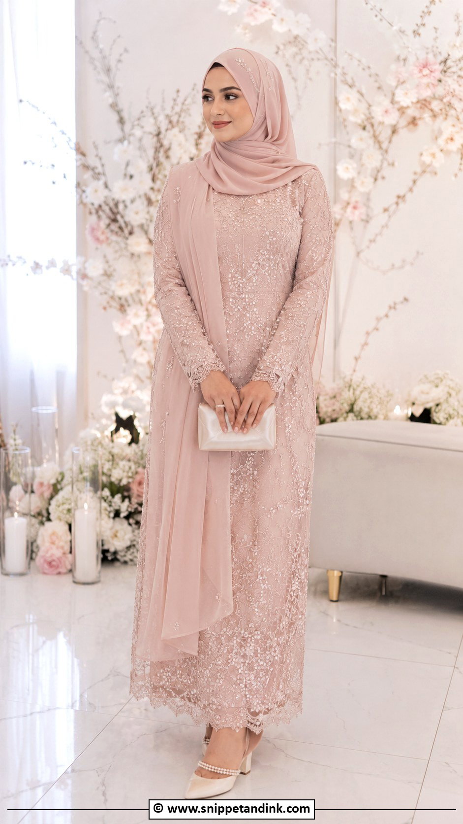 Bride Hijab With Blush Pink Dress - Snippet and Ink - 25 Bride Hijab Style Ideas