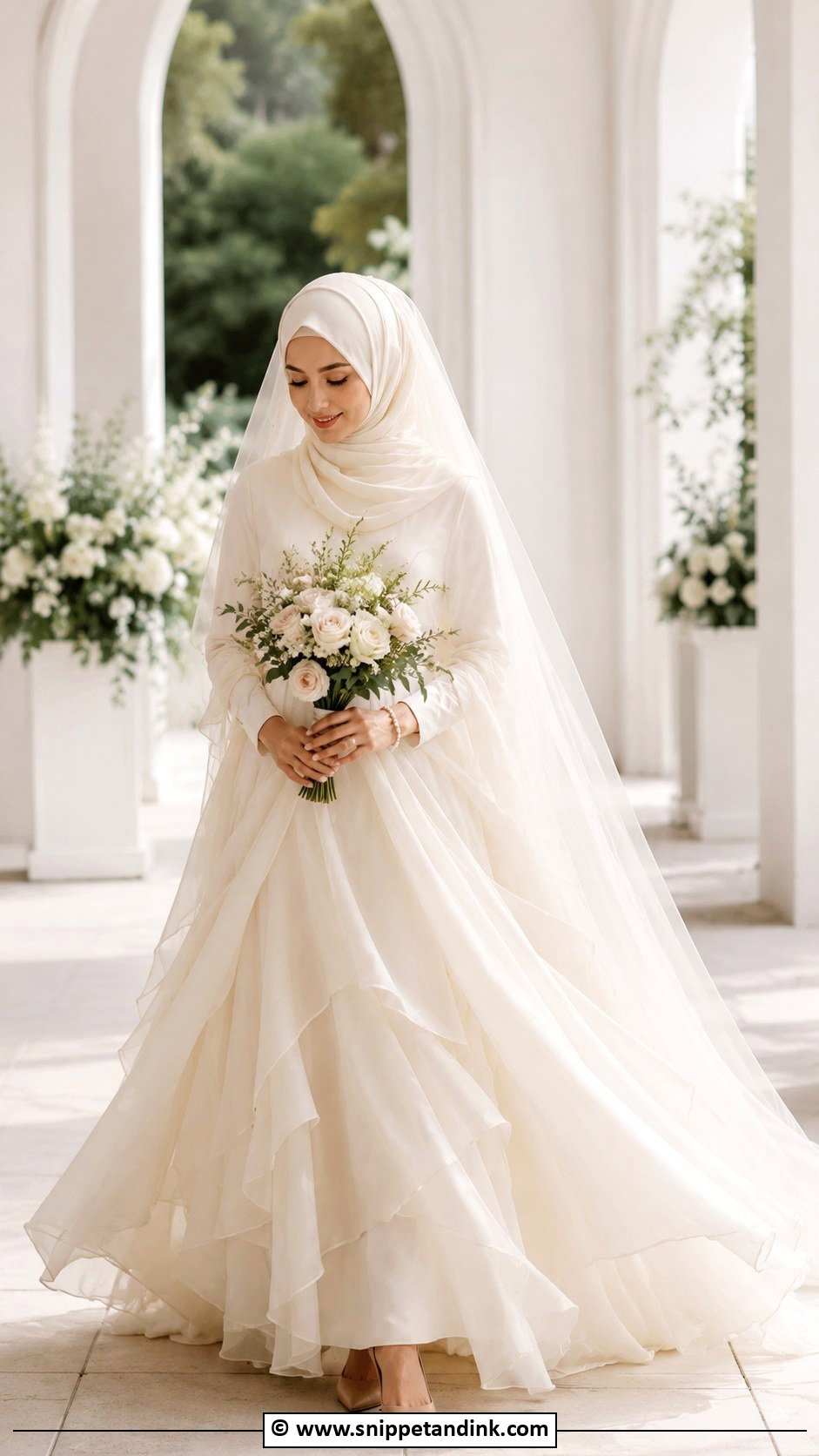 Bride Hijab With Layered Chiffon Dress - Snippet and Ink - 25 Bride Hijab Style Ideas