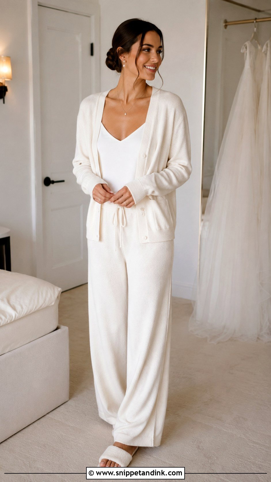 Bride Morning Cardigan And Wide Leg Pants - Snippet and Ink - 20 Bride Morning of Wedding Outfit Ideas