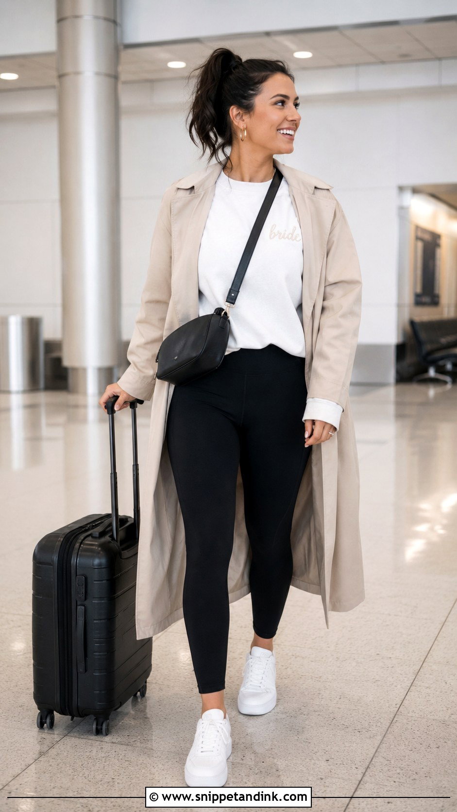 Bride Sweatshirt And Black Leggings Airport Outfit - Snippet and Ink - 20 Bride Airport Outfit Ideas