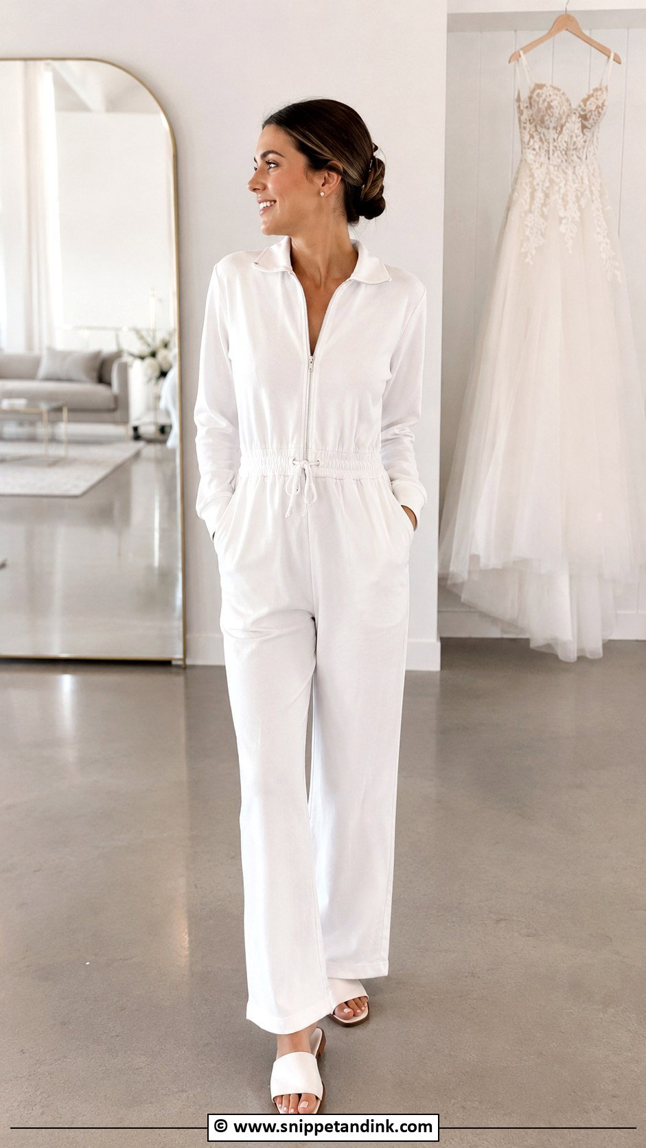 Bride White Jumpsuit Getting Ready Outfit - Snippet and Ink - 30 Bride Getting Ready Outfit Ideas