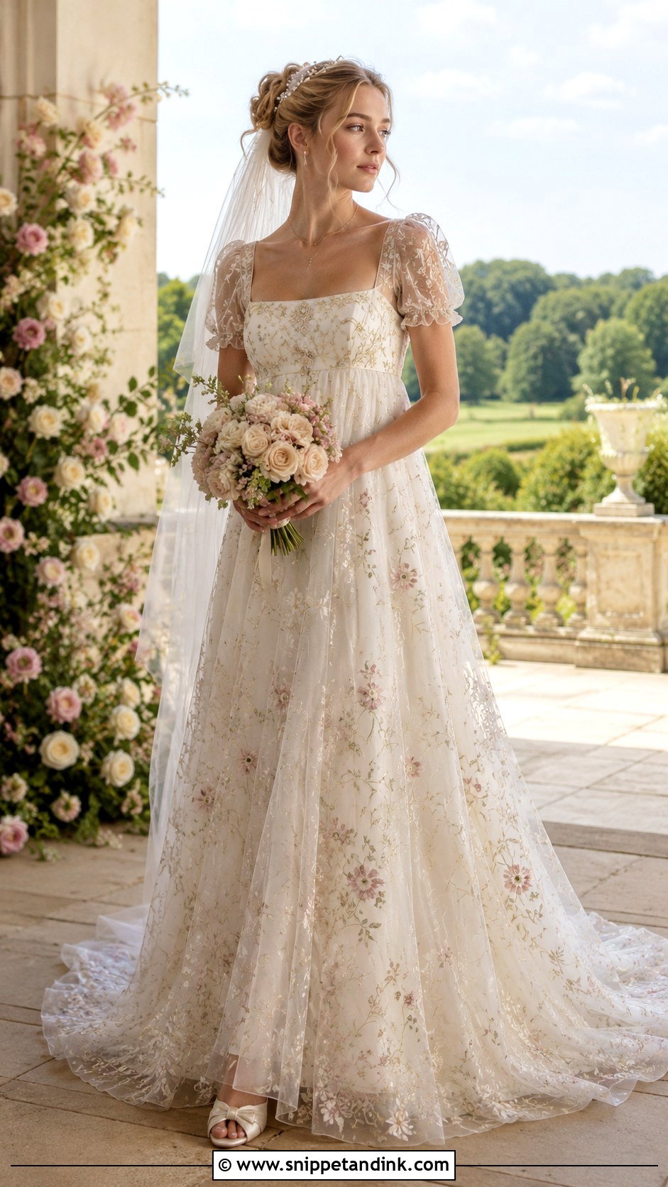 Bridgerton Floral Embroidered Wedding Dress - Snippet and Ink - 30 Bridgerton Wedding Dress Ideas