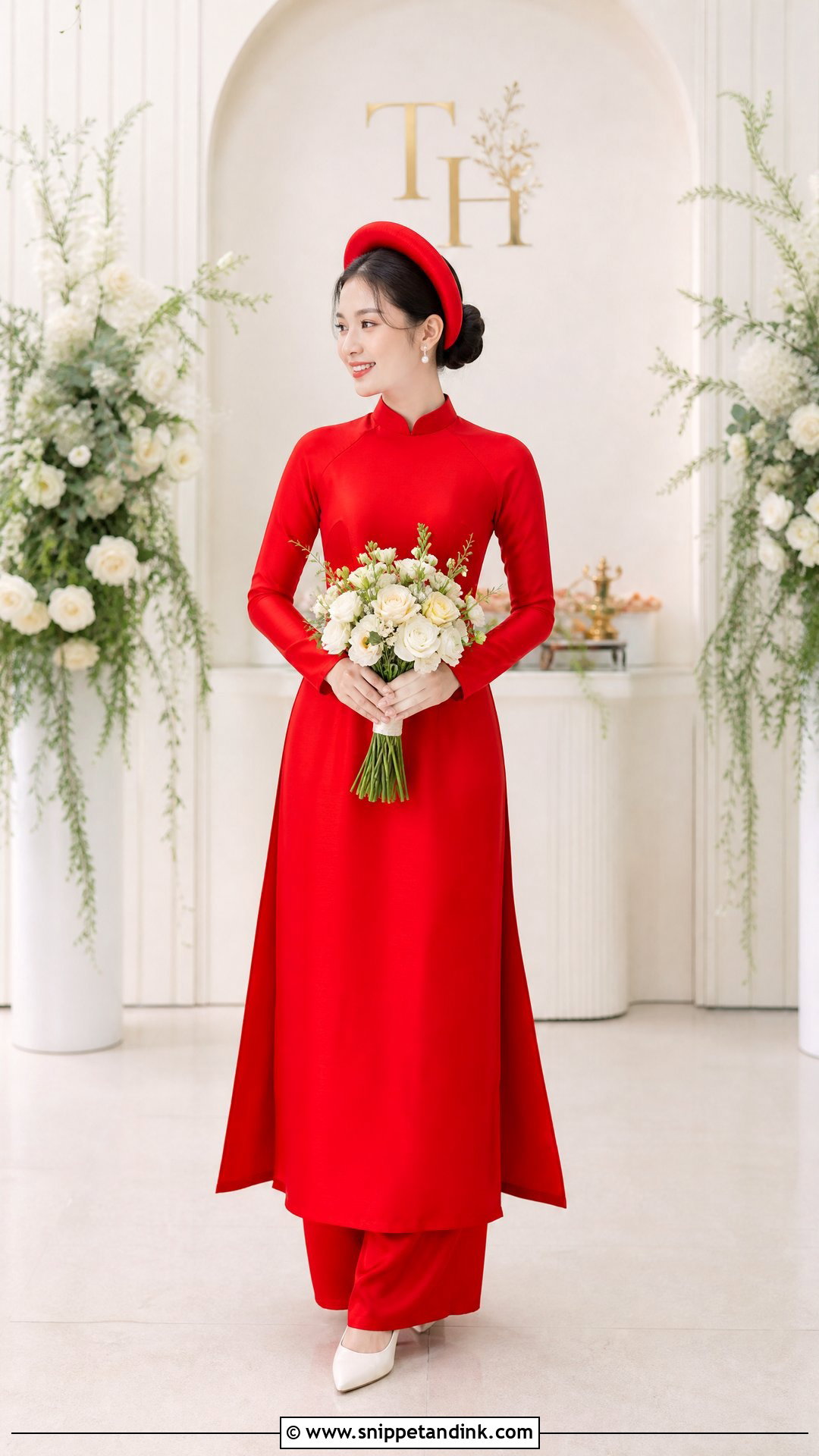 Bright Red Ao Dai With Pearl Jewelry - Snippet and Ink - 20 Red Ao Dai Wedding Ideas