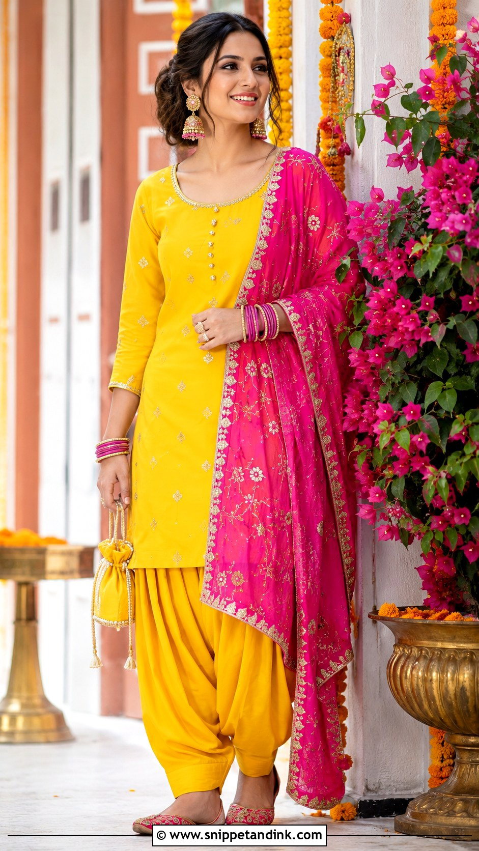 Bright Yellow Patiala Suit With Pink Dupatta - Snippet and Ink - 20 Yellow Patiala Suit for Haldi Ideas