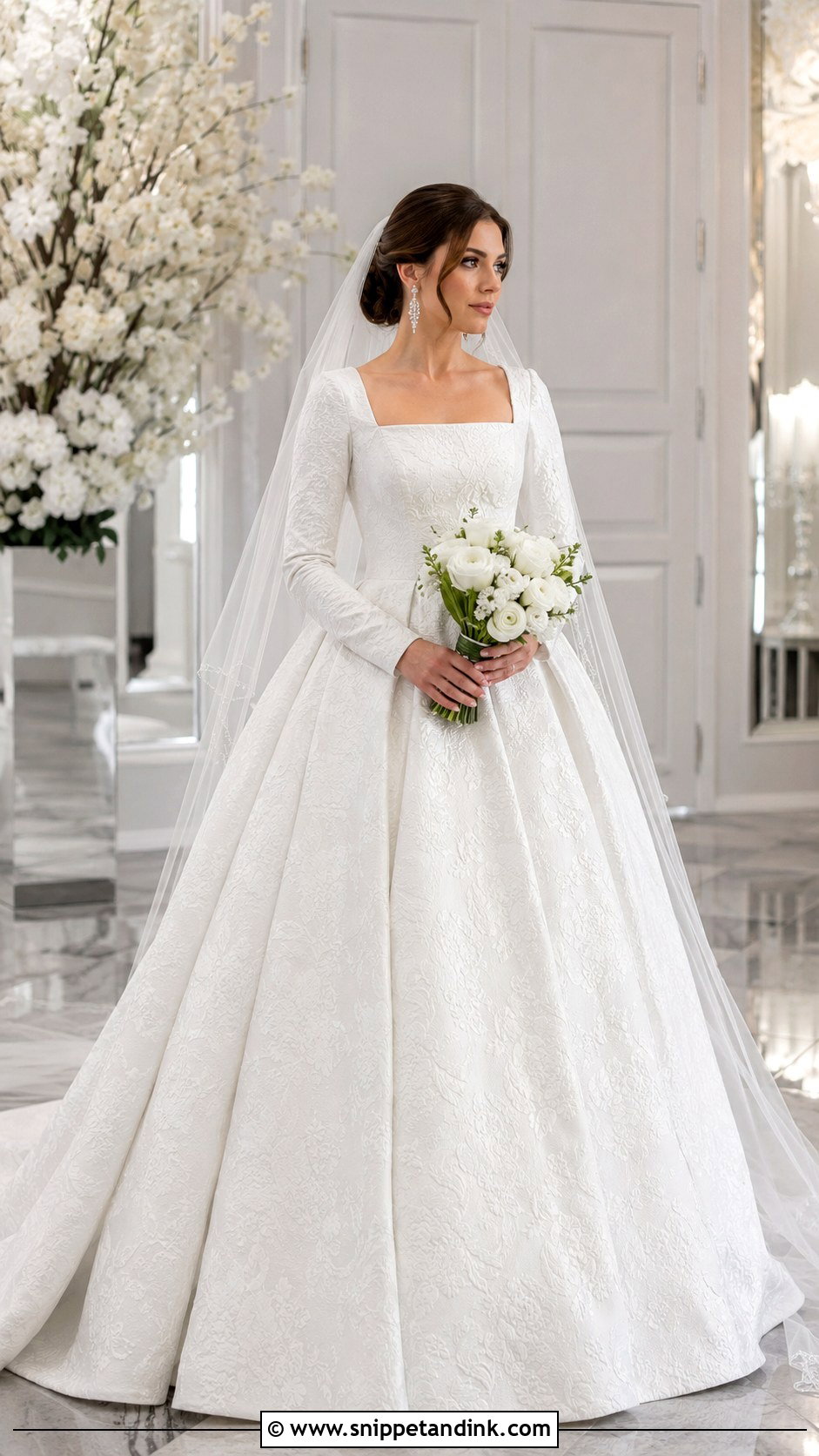 Brocade Ball Gown Long Sleeve Wedding Dress - Snippet and Ink - 20 Bride Dress Long Sleeve Ideas