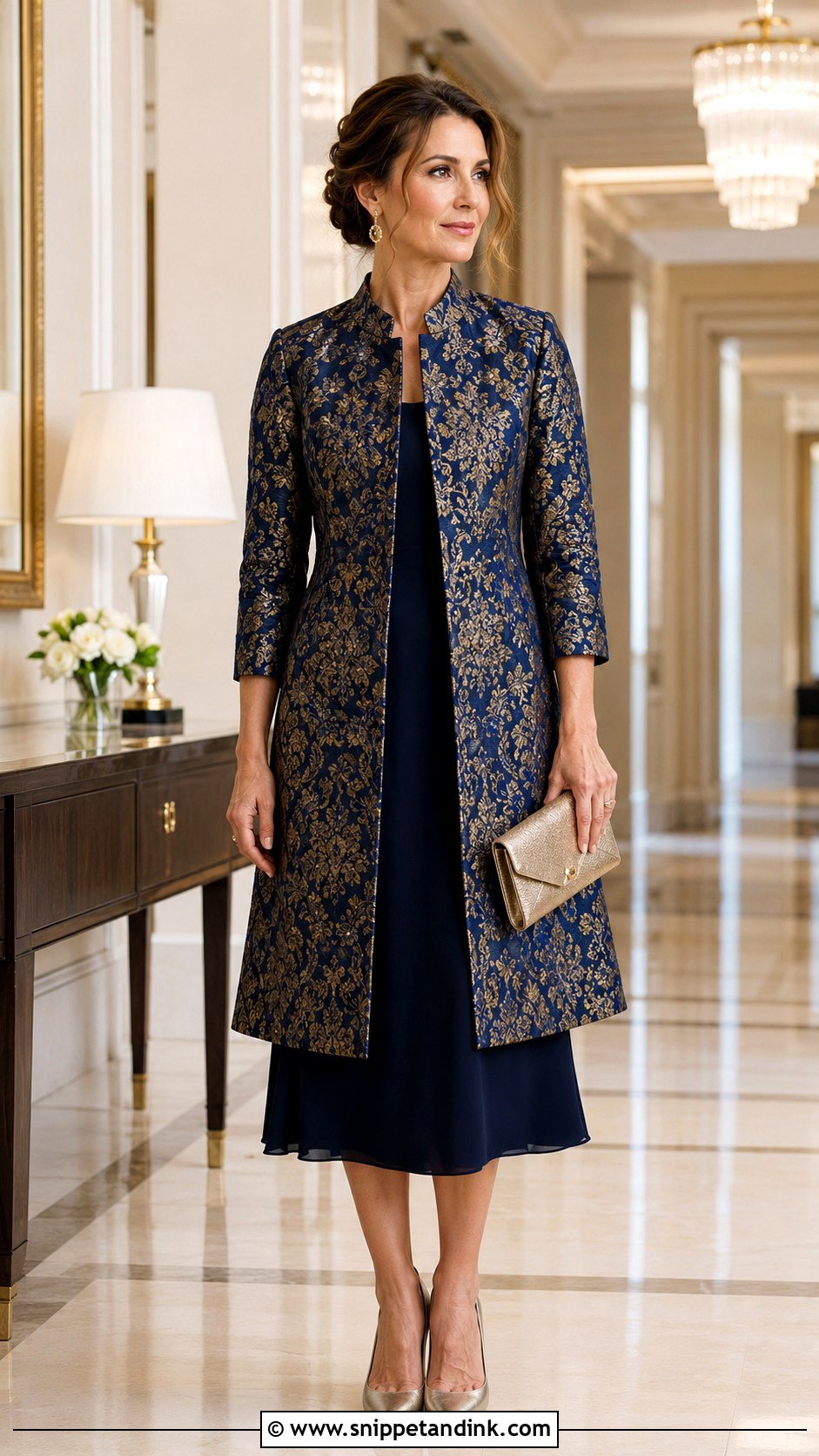 Brocade Coat With Solid Midi Dress - Snippet and Ink - 20 Formal Coats for Women Wedding Ideas