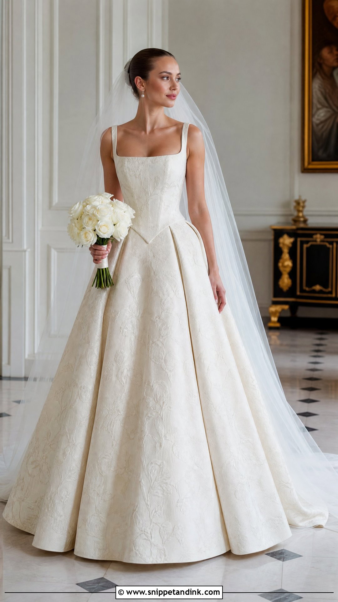 Brocade Corset Wedding Dress With Pearl Earrings - Snippet and Ink - 20 Timeless Corset Wedding Dress Ideas