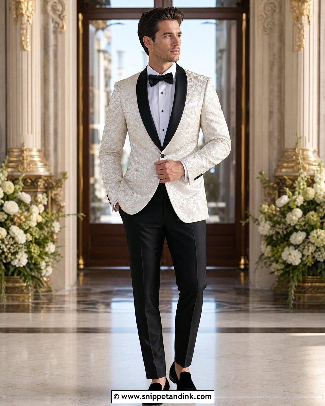 Brocade Dinner Jacket With Black Trousers - Snippet and Ink - 20 Dapper Bride Ideas