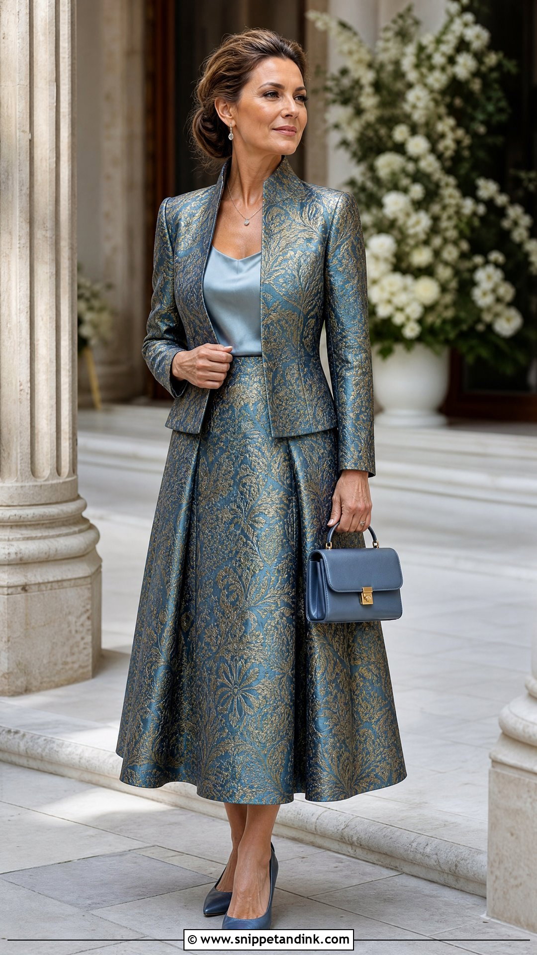 Brocade Jacket And Midi Skirt Two Piece Wedding Outfit - Snippet and Ink - 20 Two Piece Wedding Outfit Ideas