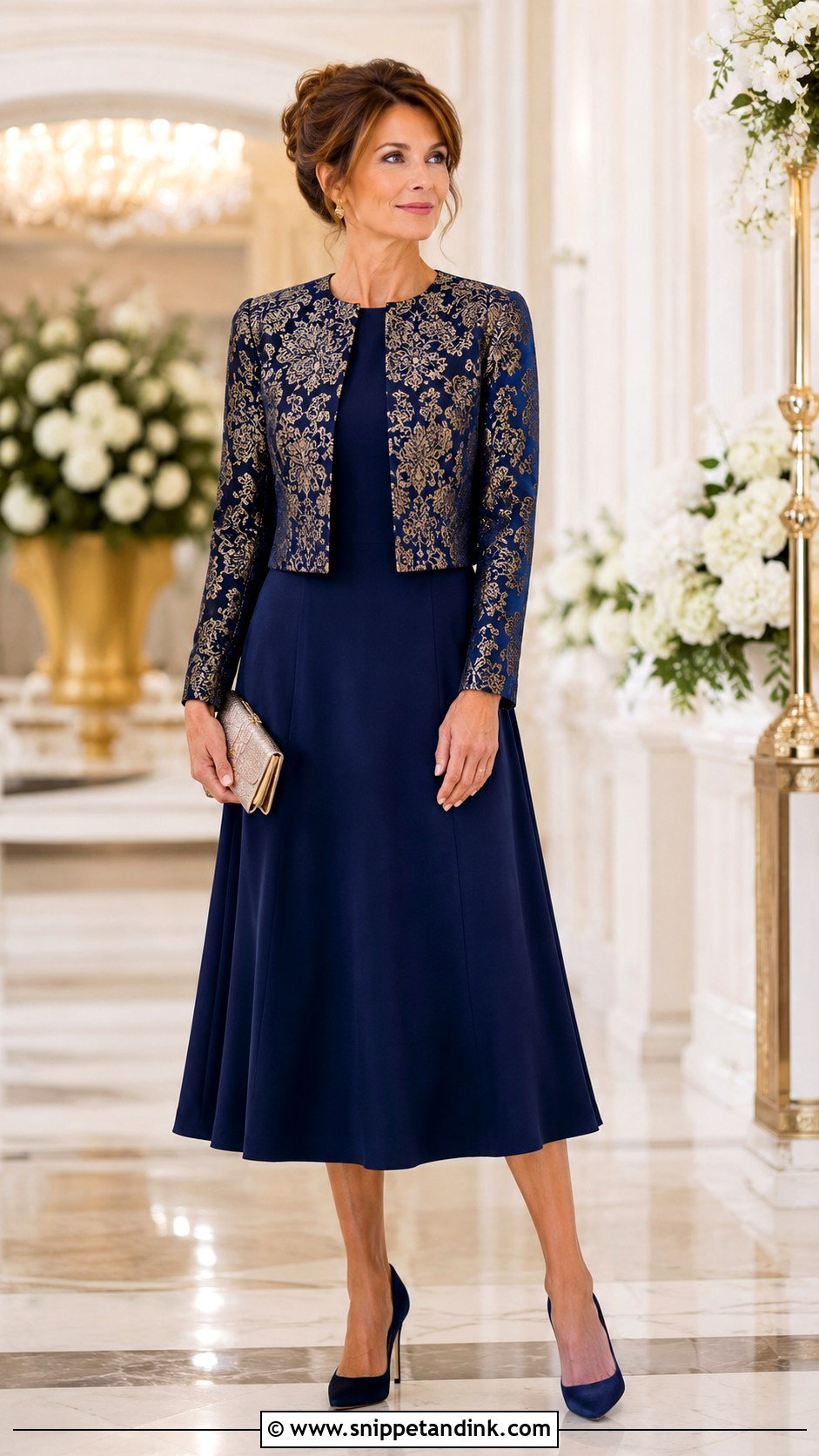 Brocade Jacket With Solid Midi Dress - Snippet and Ink - 20 Jackets to Wear with Dresses to Wedding