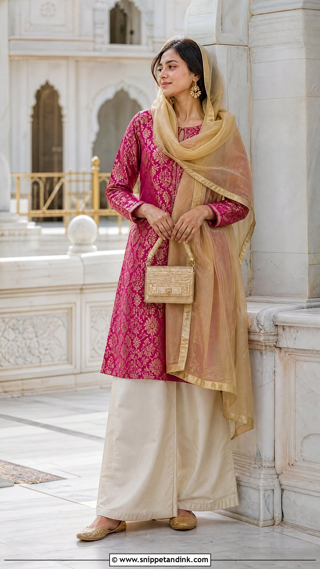 Brocade Kurta And Wide Leg Pants For Gurudwara Wedding - Snippet and Ink - 25 Gurudwara Wedding Outfit Ideas