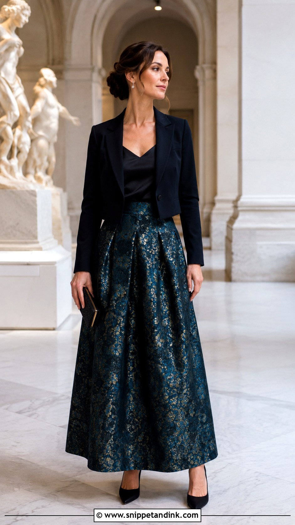 Brocade Long Skirt With Silk Camisole And Blazer - Snippet and Ink - 20 Long Skirt Outfits for Wedding