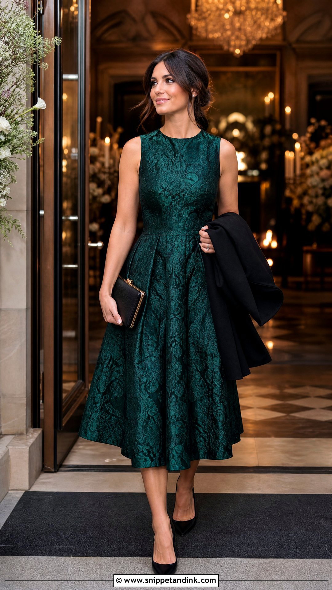 Brocade Midi Dress Wedding Outfit - Snippet and Ink - 20 Old Money Wedding Outfit Ideas