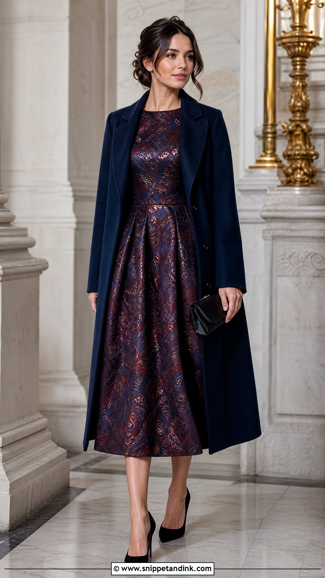 Brocade Midi Dress Winter Wedding Outfit - Snippet and Ink - 20 Winter Outfit for Wedding Ideas