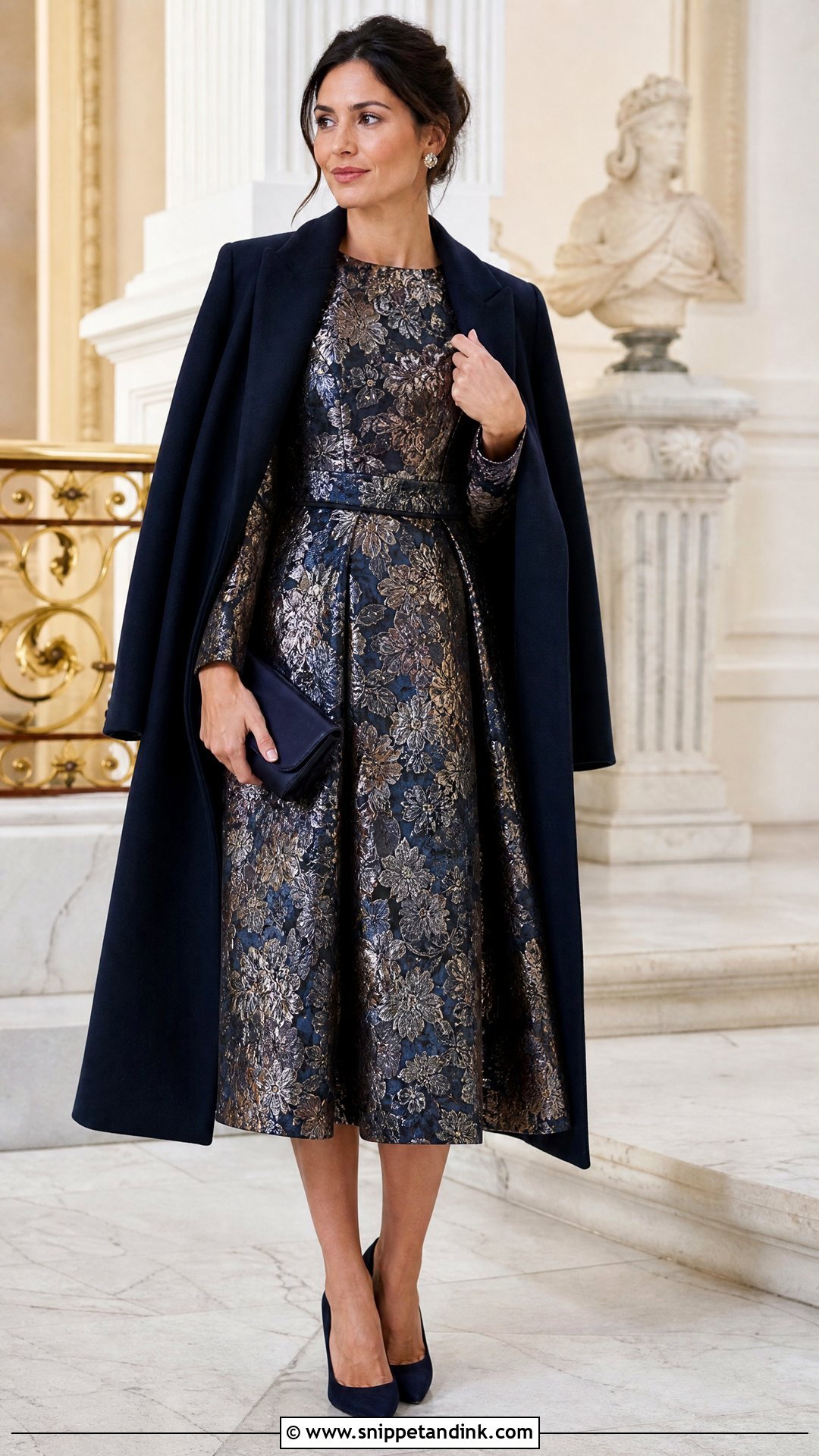 Brocade Midi Dress Winter Wedding Outfit - Snippet and Ink - 20 Winter Outfits for Wedding