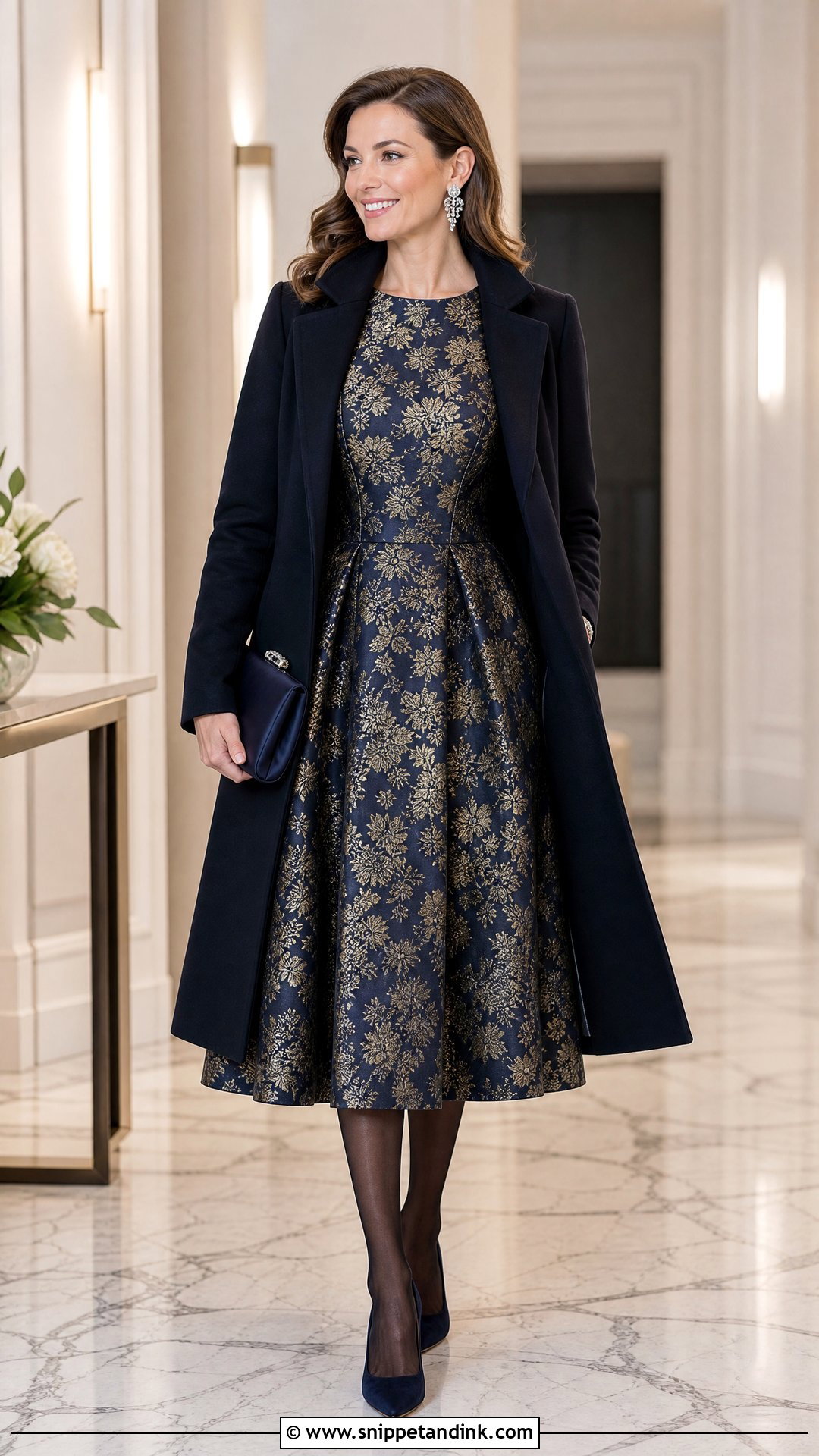 Brocade Midi Dress Winter Wedding Outfit - Snippet and Ink - 20 What to Wear to a Wedding in Winter Ideas
