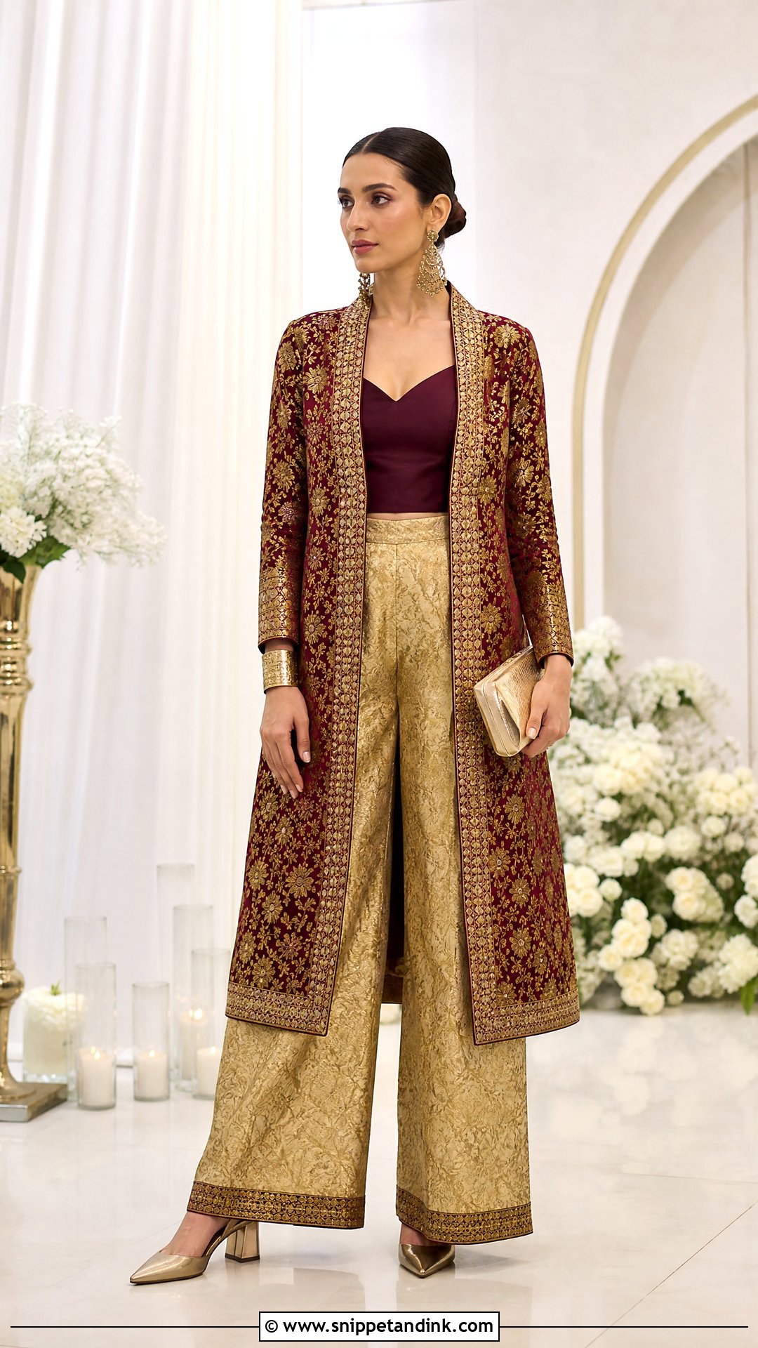 Brocade Pants And Long Jacket For Hindu Wedding - Snippet and Ink - 20 Hindu Wedding Outfit Ideas