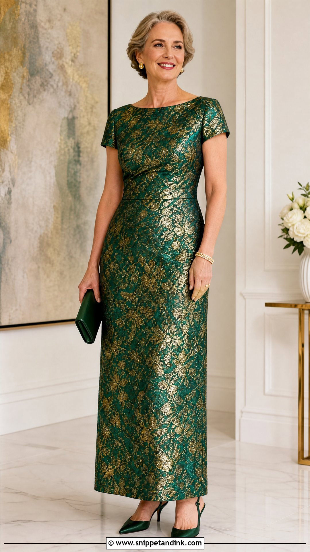 Brocade Straight Cut Gown With Short Sleeves - Snippet and Ink - 20 Straight Cut Gown Styles