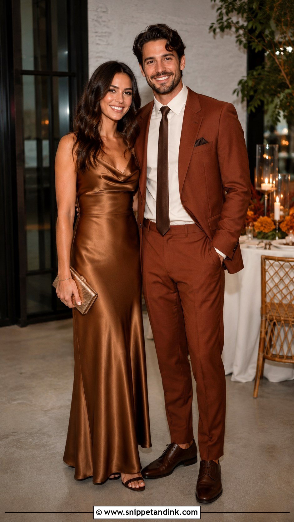 Bronze Gold Dress And Rust Suit - Snippet and Ink - 20 Gold Dress and Suit Couple Ideas
