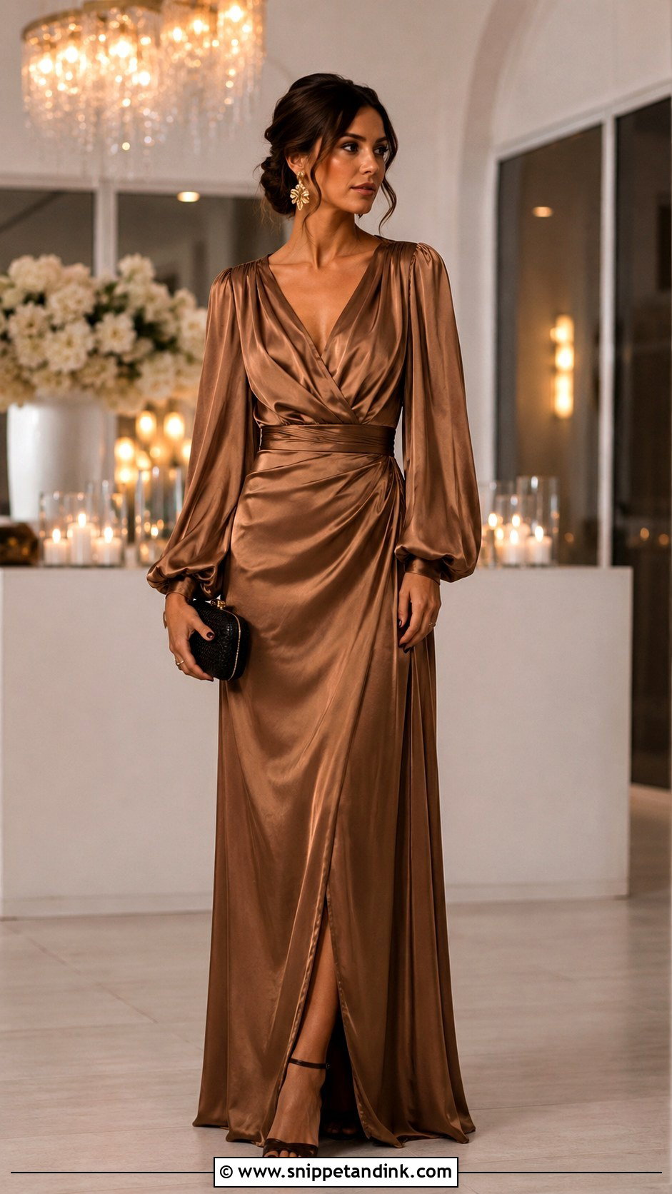 Bronze Satin Maxi Dress Wedding Outfit - Snippet and Ink - 20 Elegant Wedding Outfit Ideas