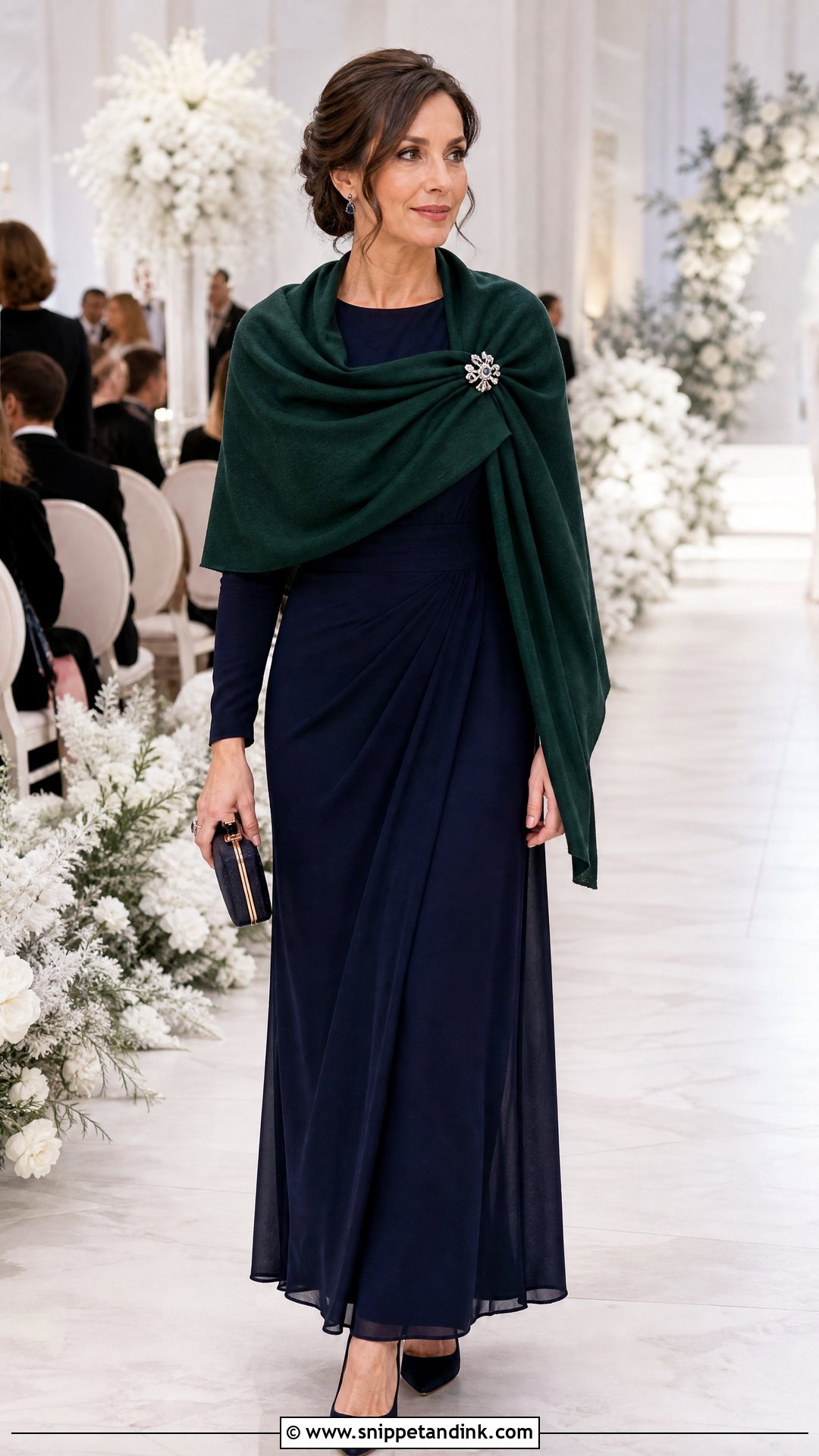 Brooch Shawl With Long Sleeve Wedding Guest Gown - Snippet and Ink - 20 Winter Wedding Shawl Ideas