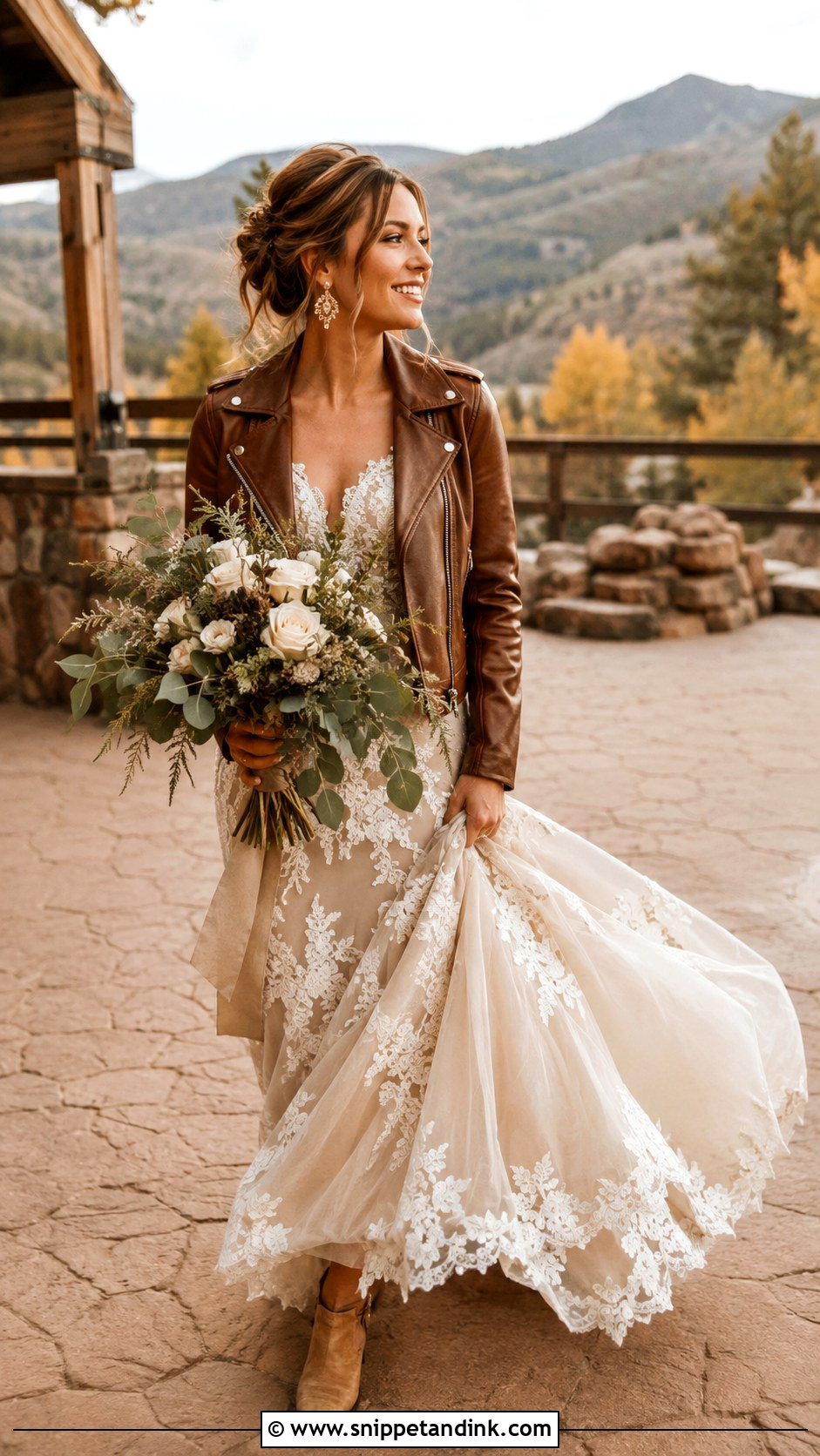 Brown Bride Leather Jacket With Champagne Wedding Dress - Snippet and Ink - 20 Bride Leather Jacket Ideas