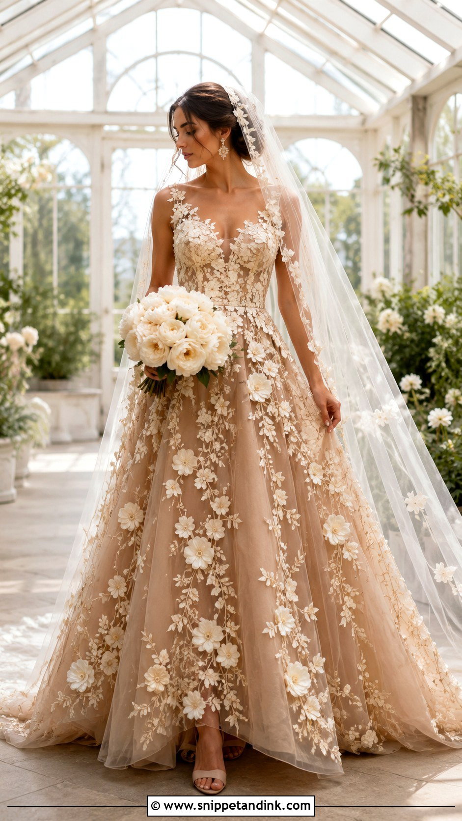 Brown Floral Applique Bridal Dress - Snippet and Ink - 20 Brown Bridal Dress Ideas