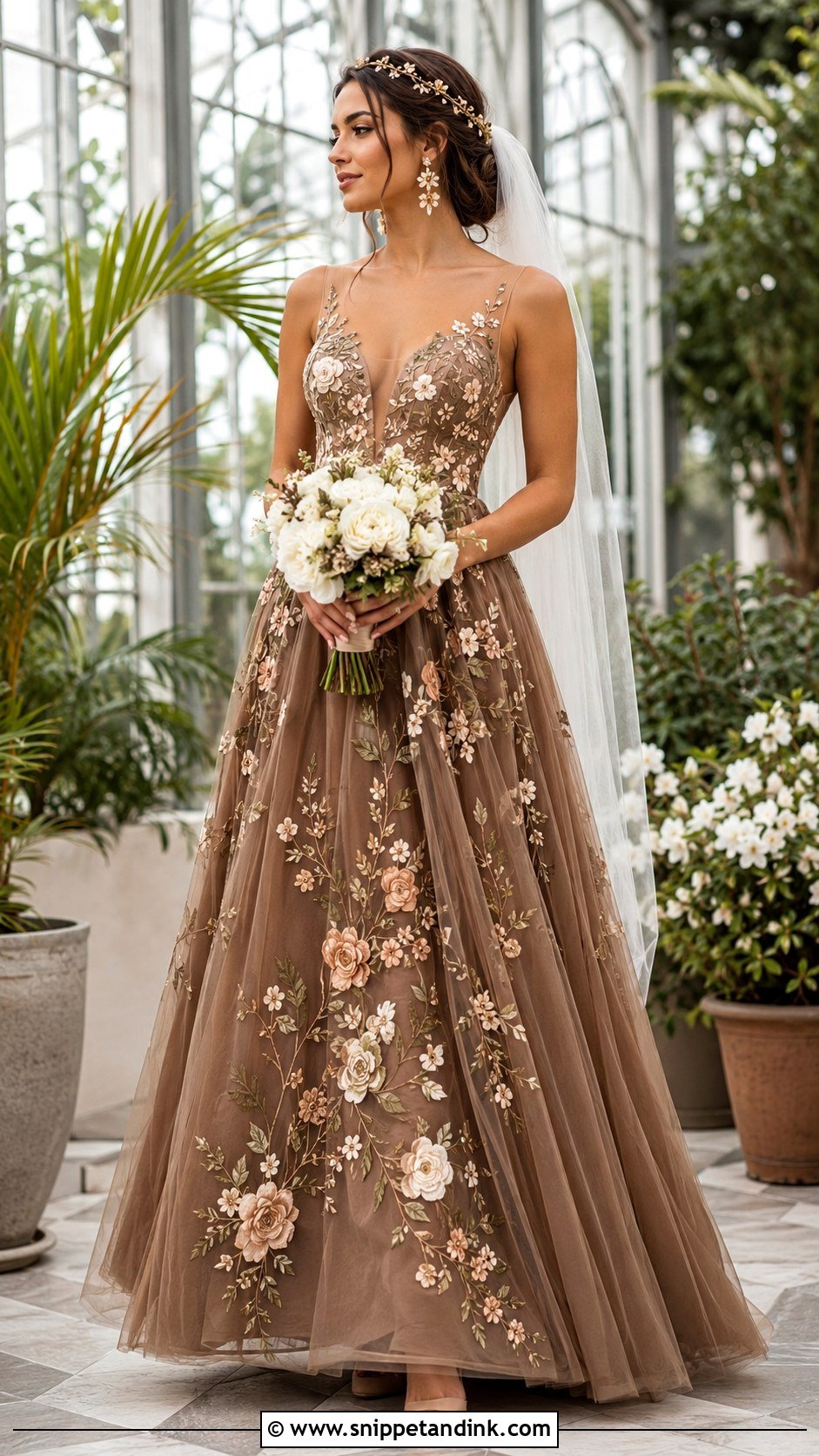 Brown Floral Embroidered Wedding Dress - Snippet and Ink - 20 Brown Wedding Dresses