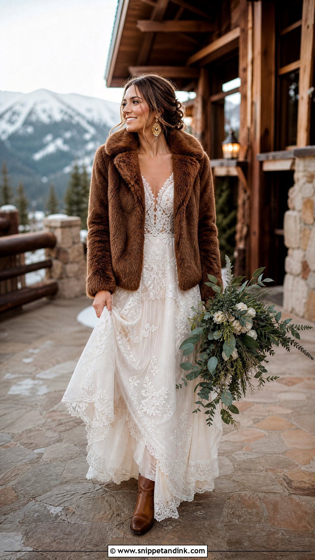 Brown Fur Coat With Boho Lace Wedding Dress - Snippet and Ink - 20 Wedding Fur Coat Ideas