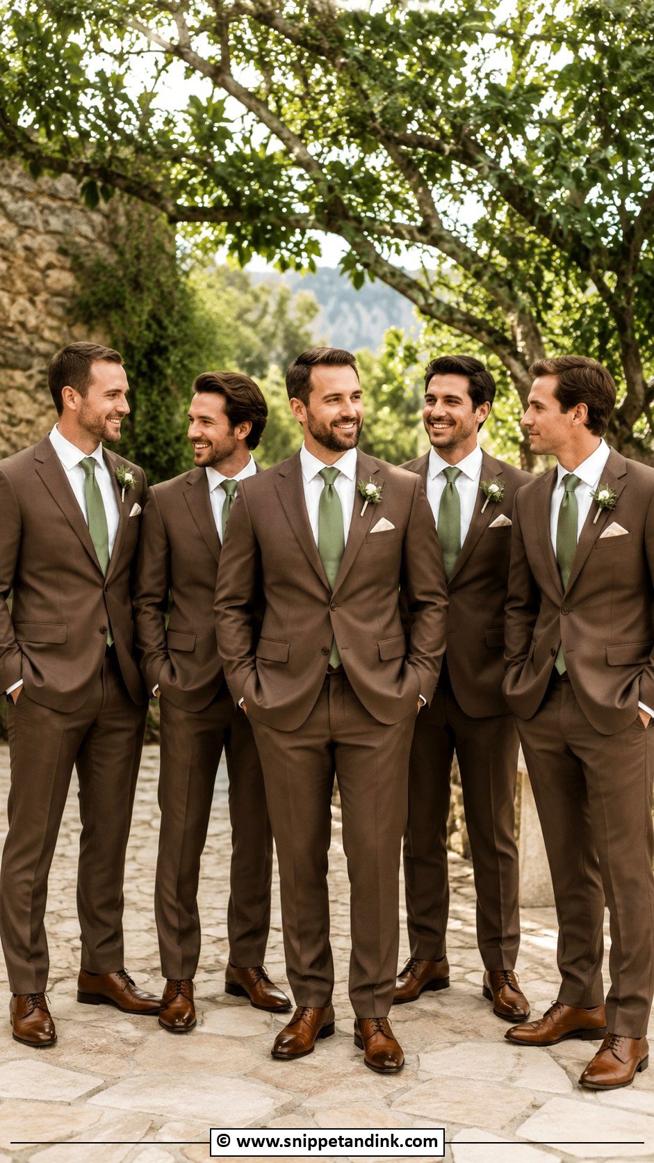 Brown Groomsmen Suits With Green Ties - Snippet and Ink - 30 Brown Suit Wedding Ideas
