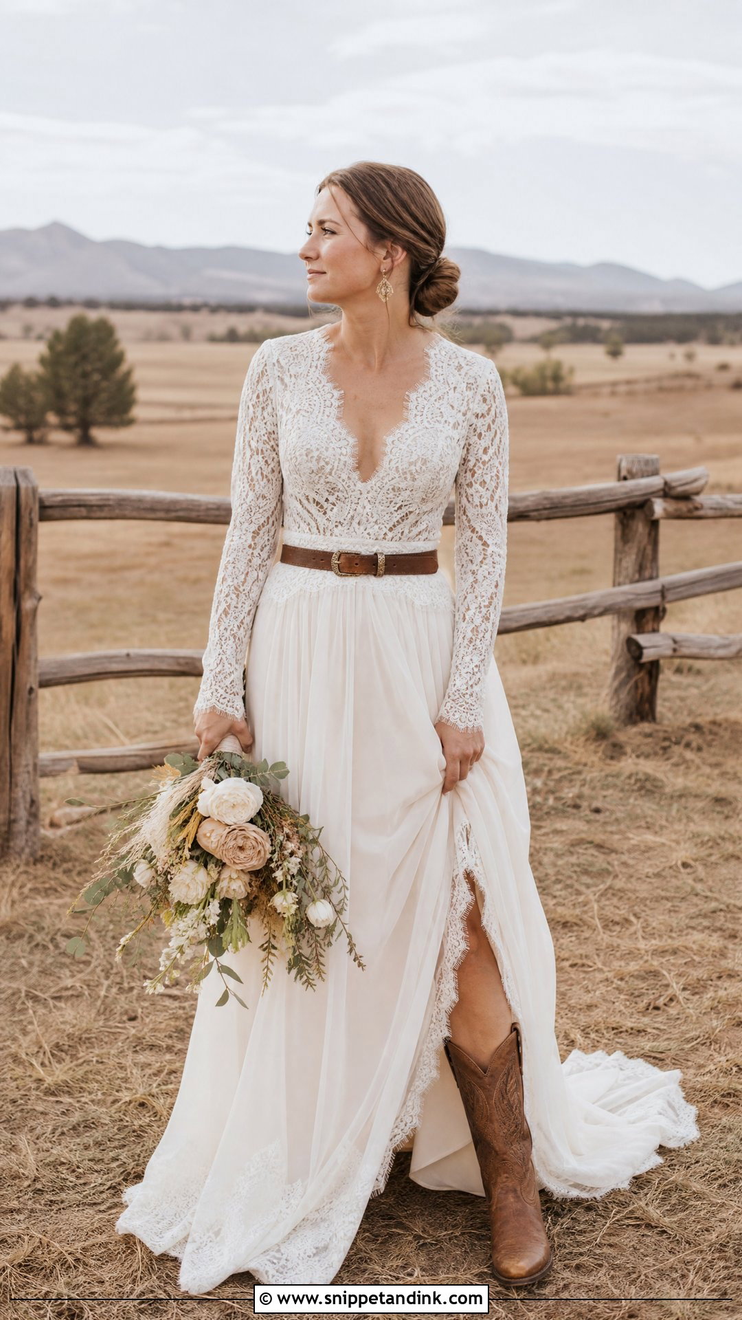 Brown Leather Cowgirl Boots With Long Sleeve Lace Gown - Snippet and Ink - 20 Wedding Cowgirl Boots for Bride Ideas