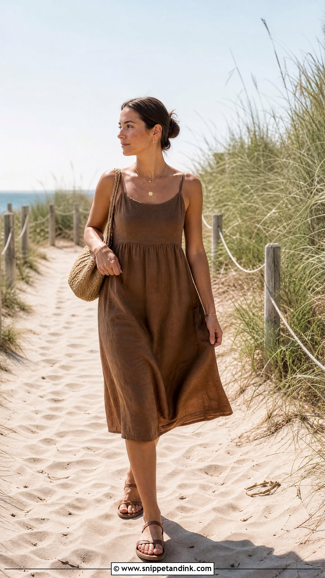 Brown Linen Dress Walking On Dunes - Snippet and Ink - 25 Beach Poses with Dress Ideas