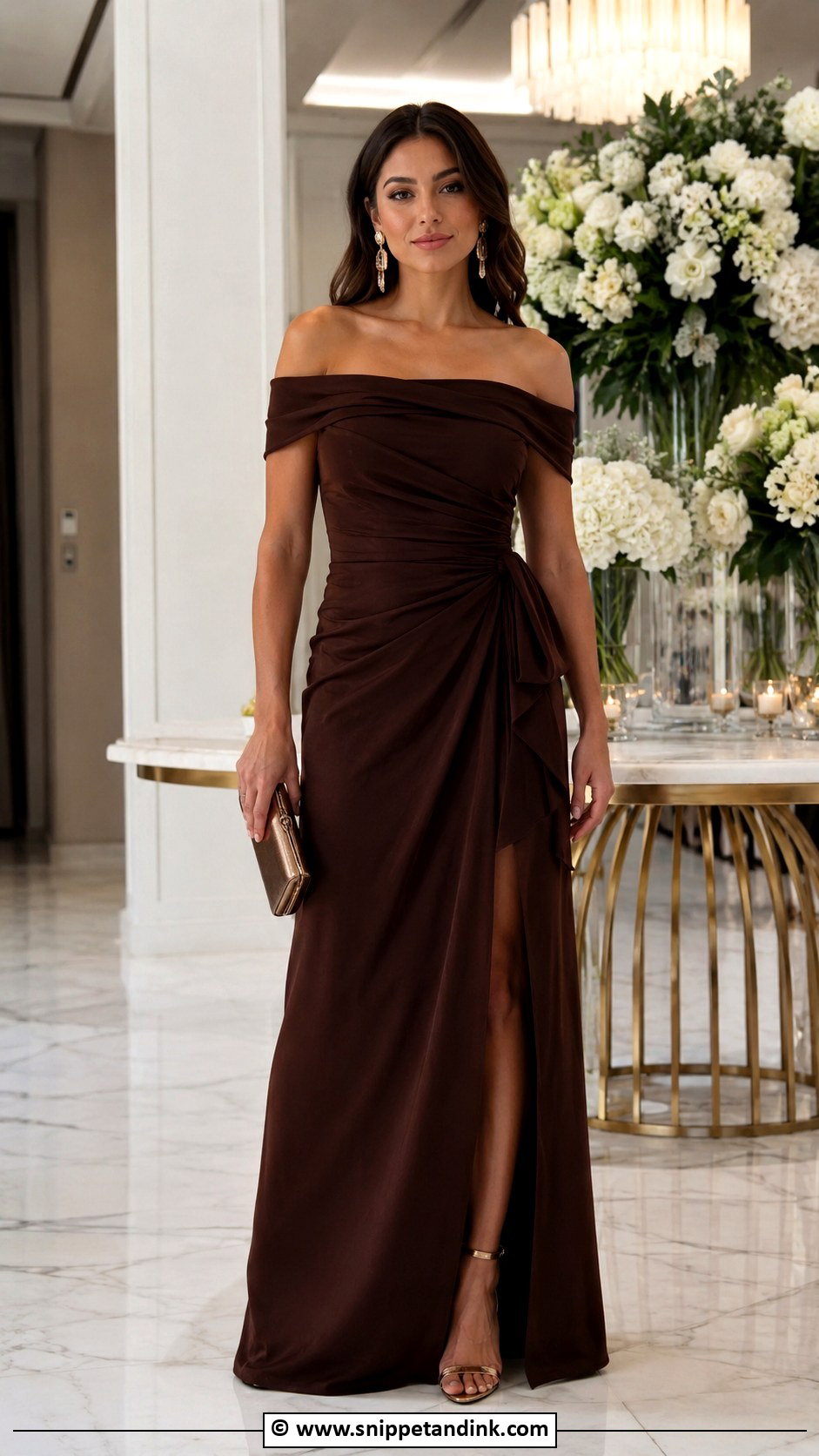 Brown Off Shoulder Gown - Snippet and Ink - 30 Brown Gown Ideas