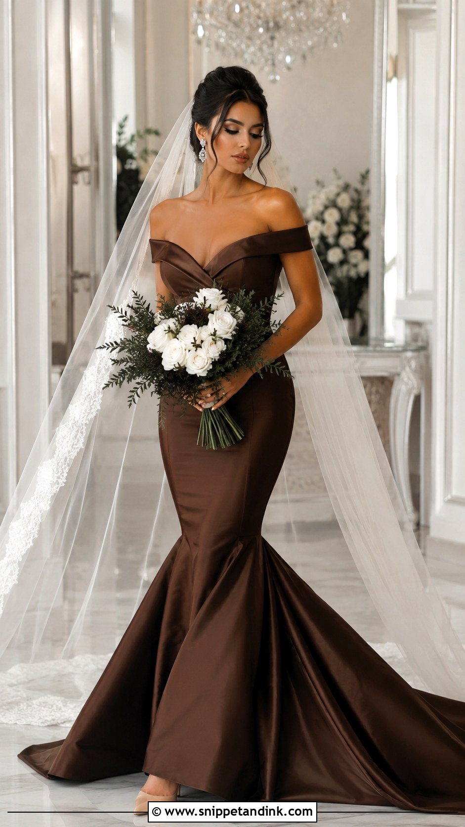 Brown Off Shoulder Mermaid Bridal Dress - Snippet and Ink - 20 Brown Bridal Dress Ideas