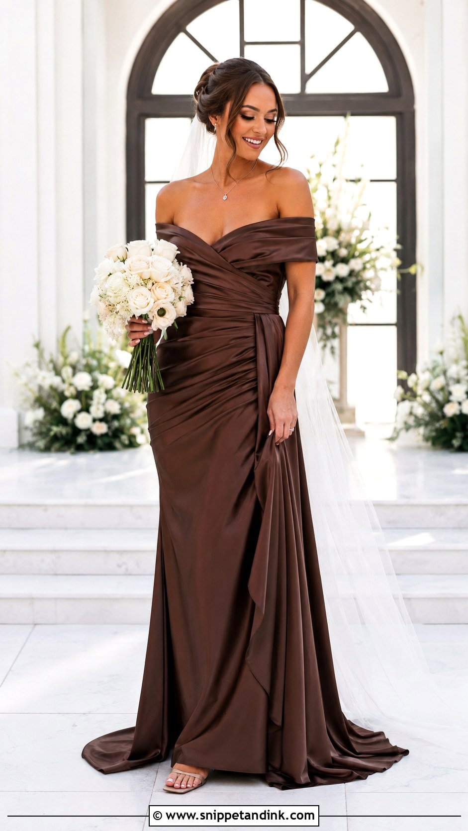 Brown Off Shoulder Wedding Dress - Snippet and Ink - 30 Brown Wedding Dress Ideas