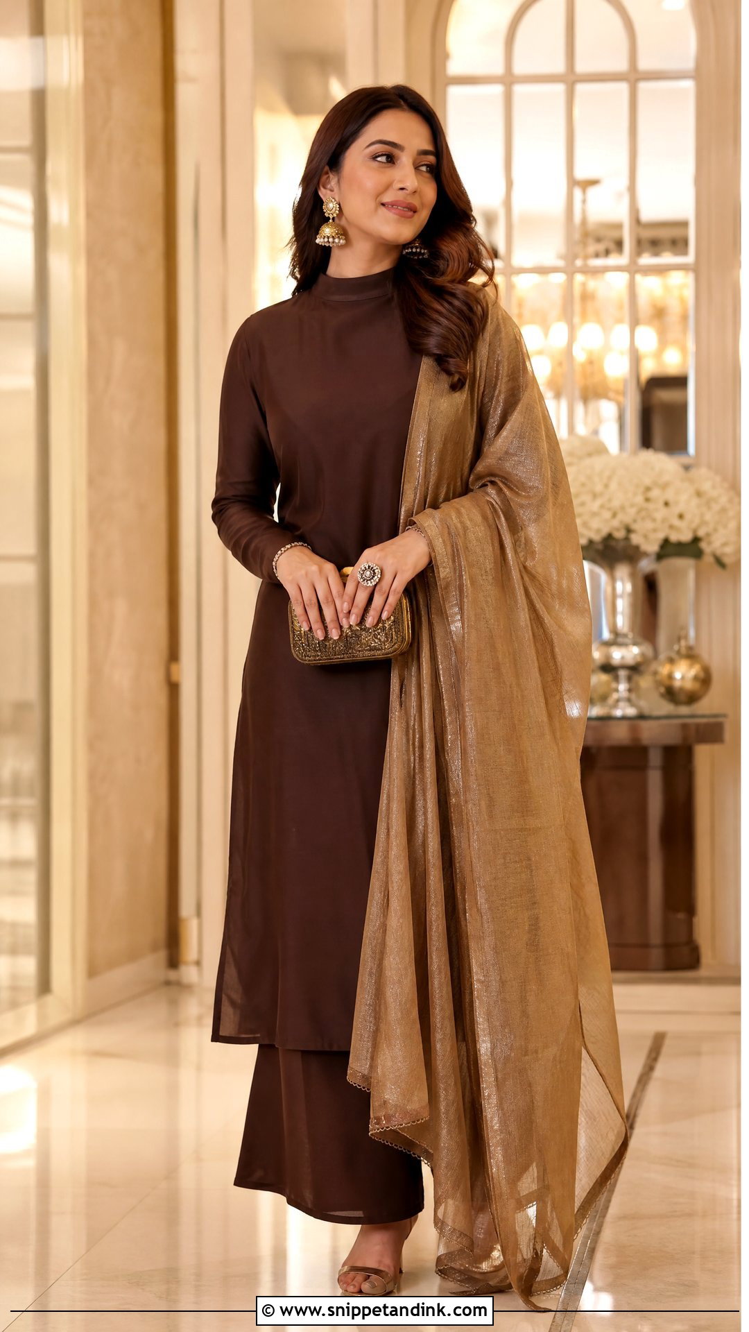 Brown Plain Suit With Antique Gold Dupatta - Snippet and Ink - 20 Plane Suit with Heavy Dupatta Ideas