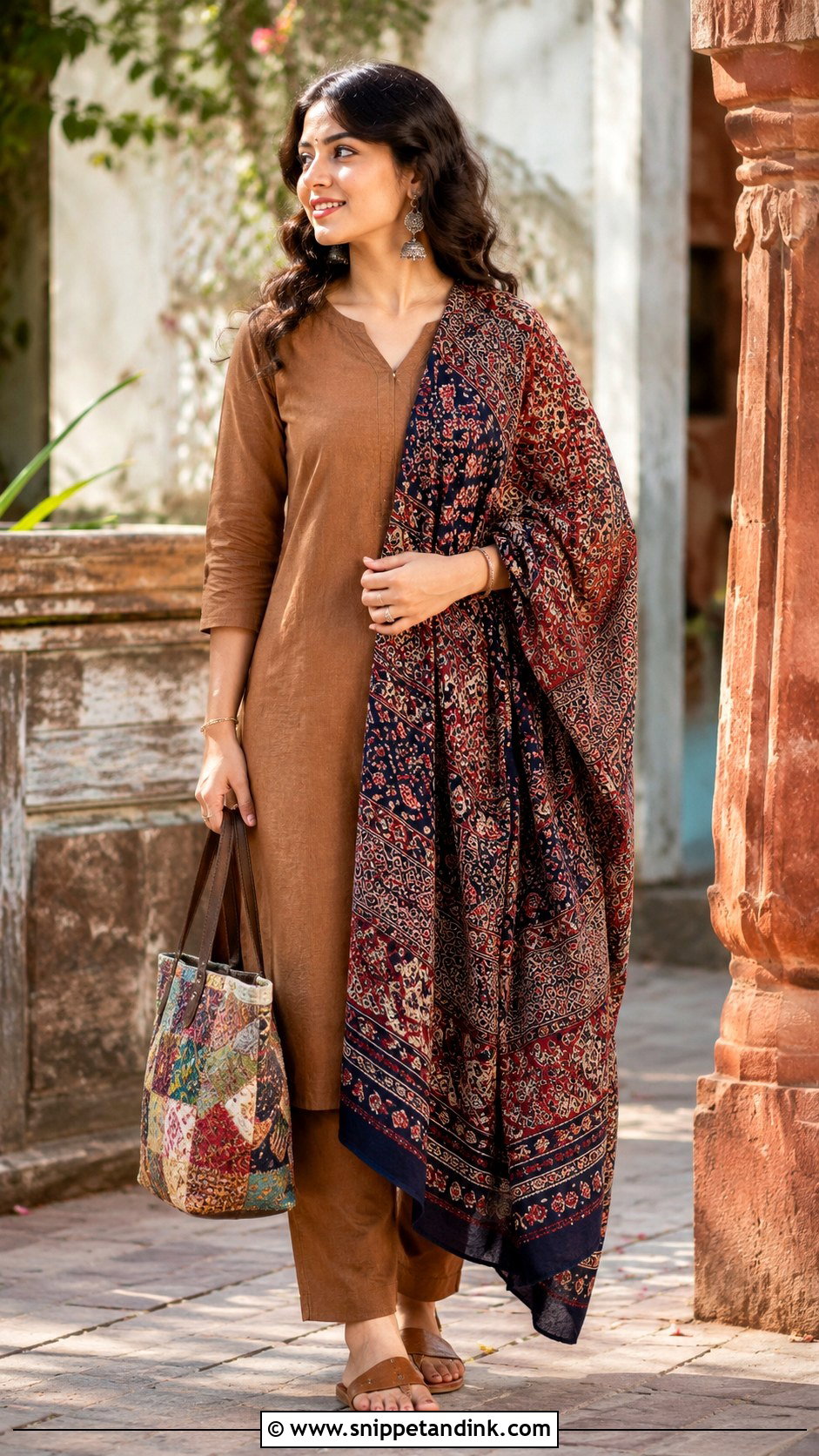 Brown Plain Suit With Heavy Ajrakh Dupatta - Snippet and Ink - 30 Plain Suit with Heavy Dupatta Ideas