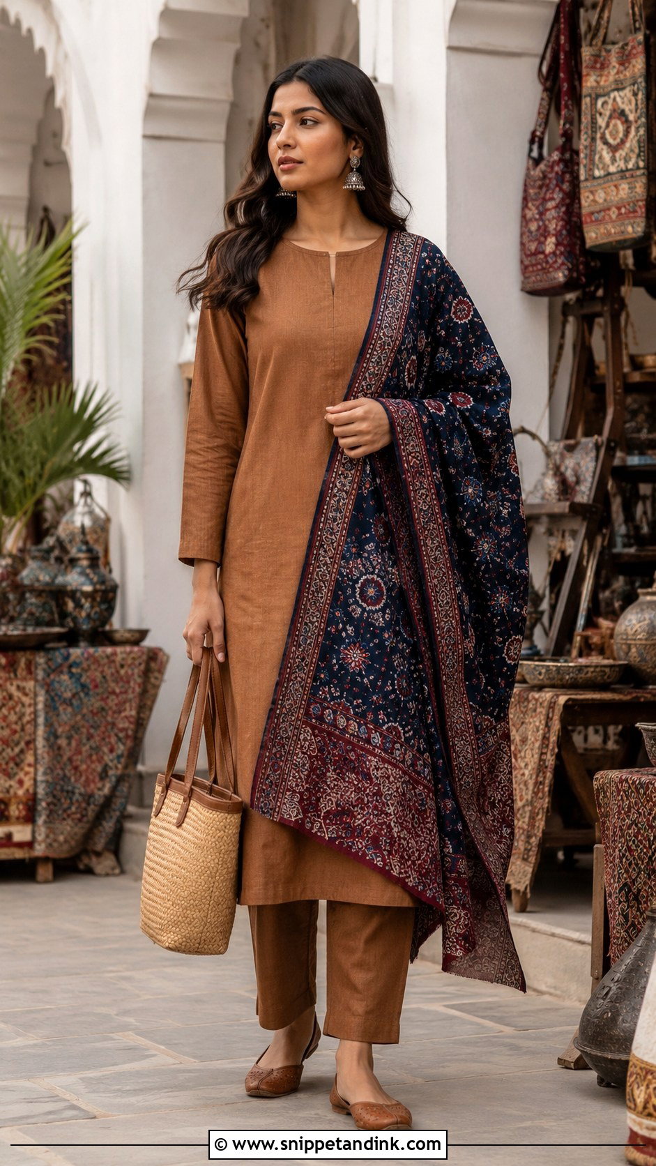 Brown Simple Suit With Ajrakh Dupatta - Snippet and Ink - 30 Simple Suit with Heavy Dupatta Ideas