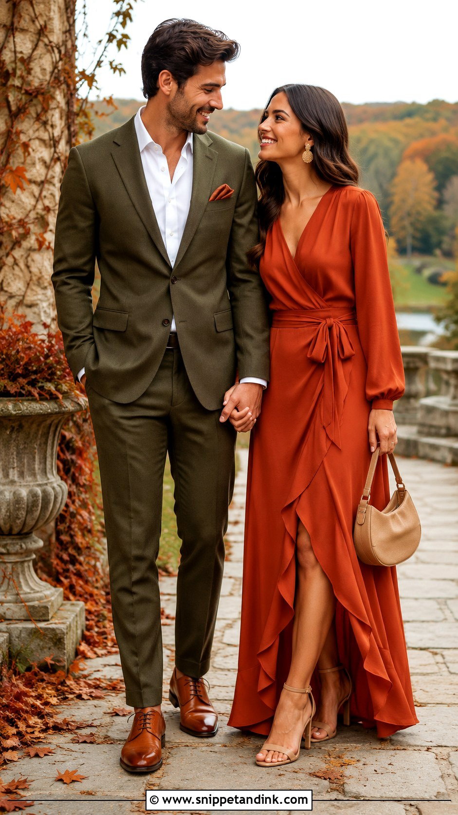 Brown Suit And Sage Green Dress - Snippet and Ink - 20 Couple Suit and Dress Ideas