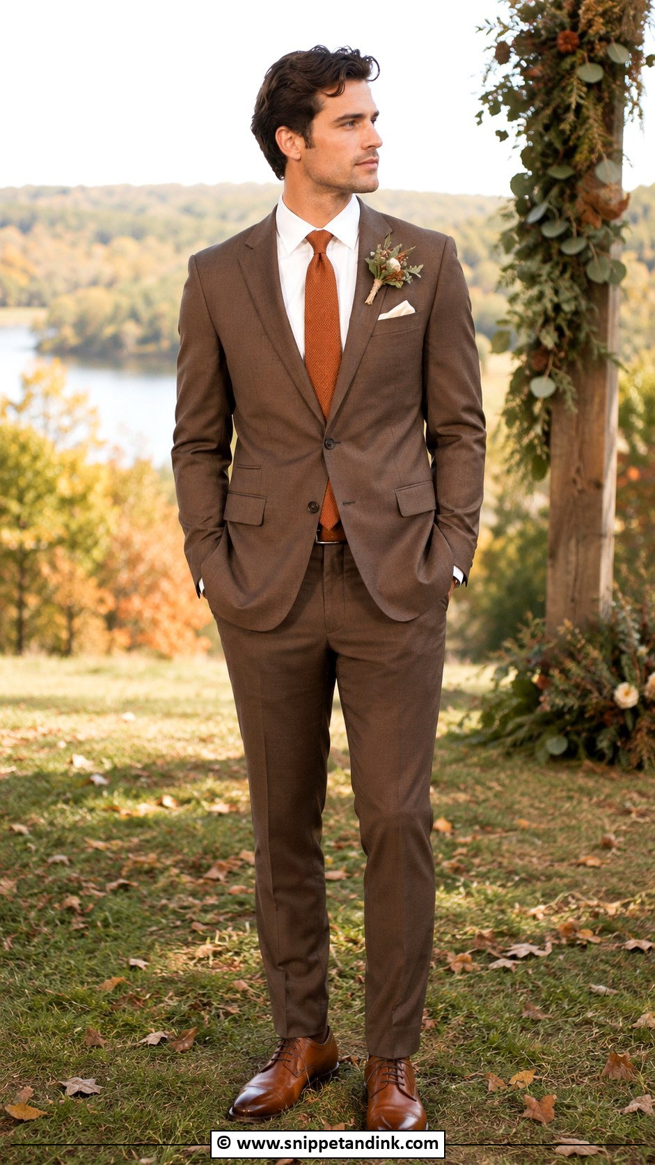 Brown Suit With Burnt Orange Tie - Snippet and Ink - 30 Brown Suit Wedding Ideas
