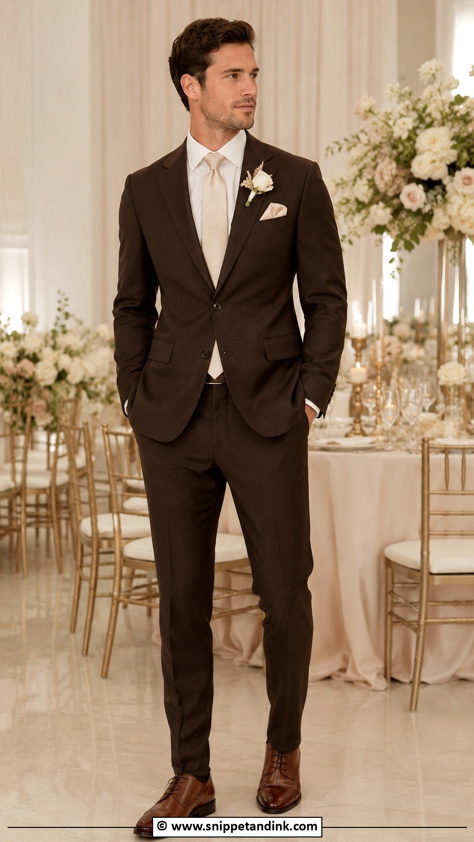 Brown Suit With Champagne Accessories - Snippet and Ink - 30 Brown Suit Wedding Ideas