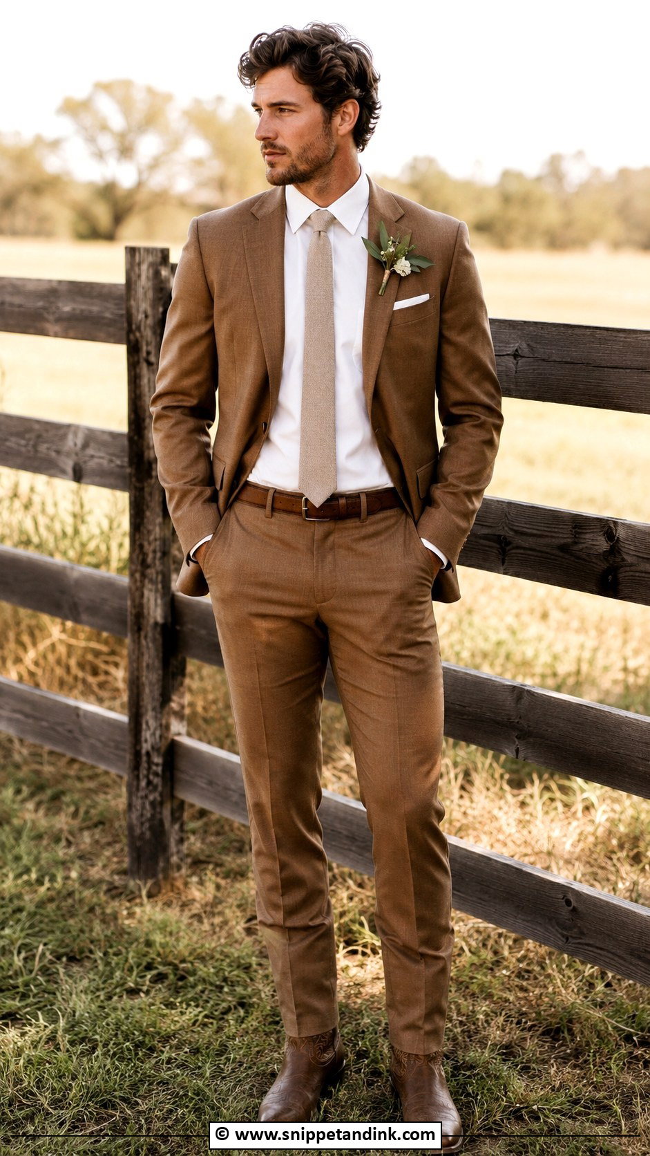 Brown Suit With Cowboy Boots - Snippet and Ink - 30 Brown Suit Wedding Ideas