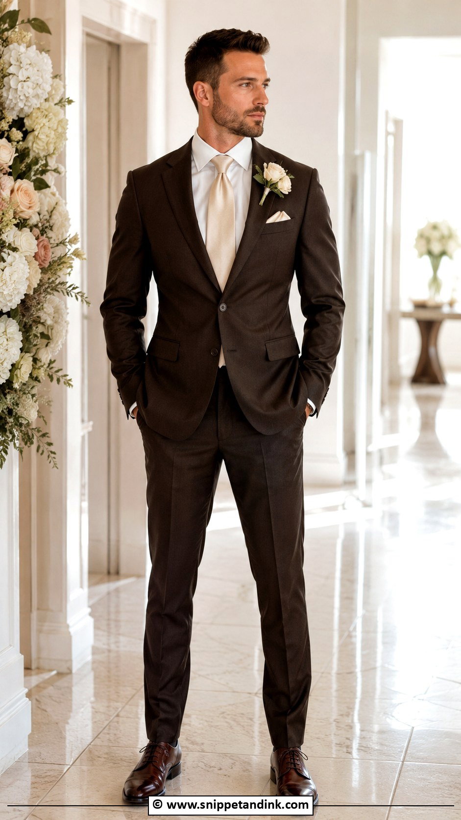 Brown Suit With Cream Tie - Snippet and Ink - 30 Brown Suit Wedding Ideas