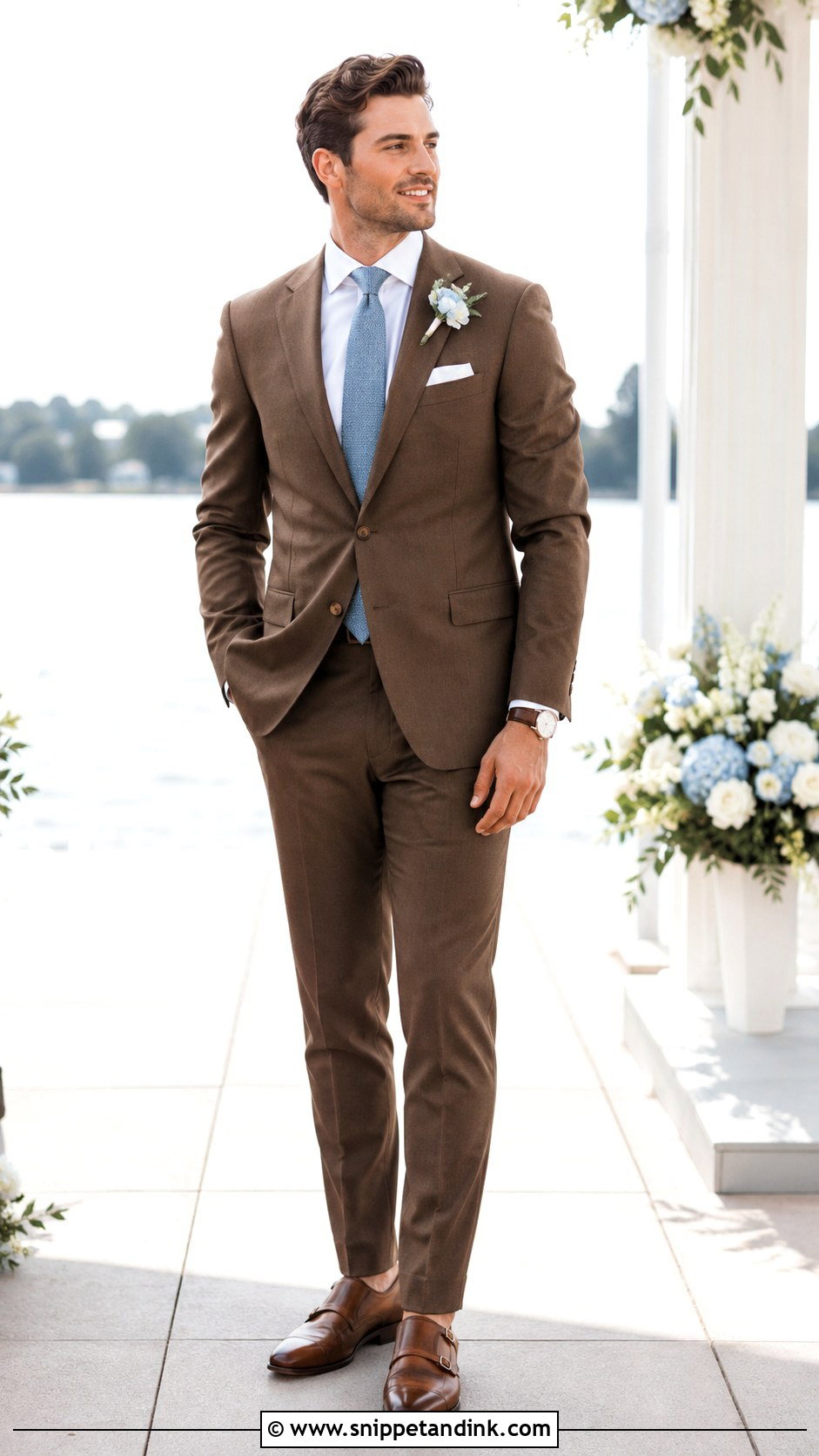 Brown Suit With Dusty Blue Tie - Snippet and Ink - 20 Brown Suit for Wedding Ideas