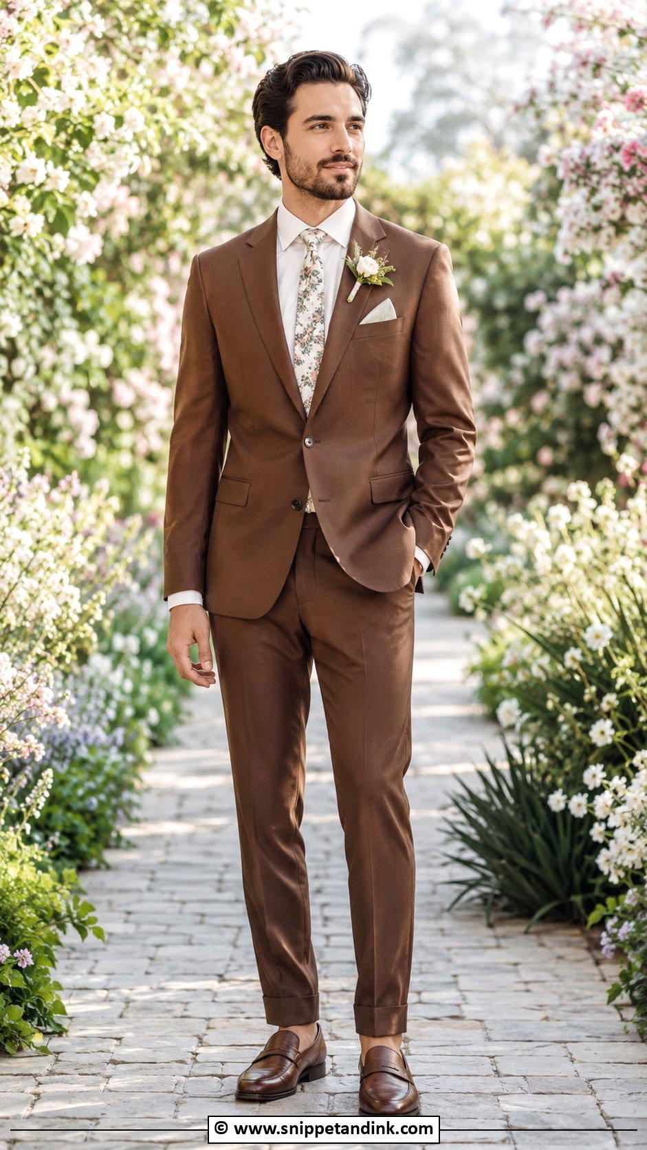 Brown Suit With Floral Tie - Snippet and Ink - 30 Brown Suit Wedding Ideas
