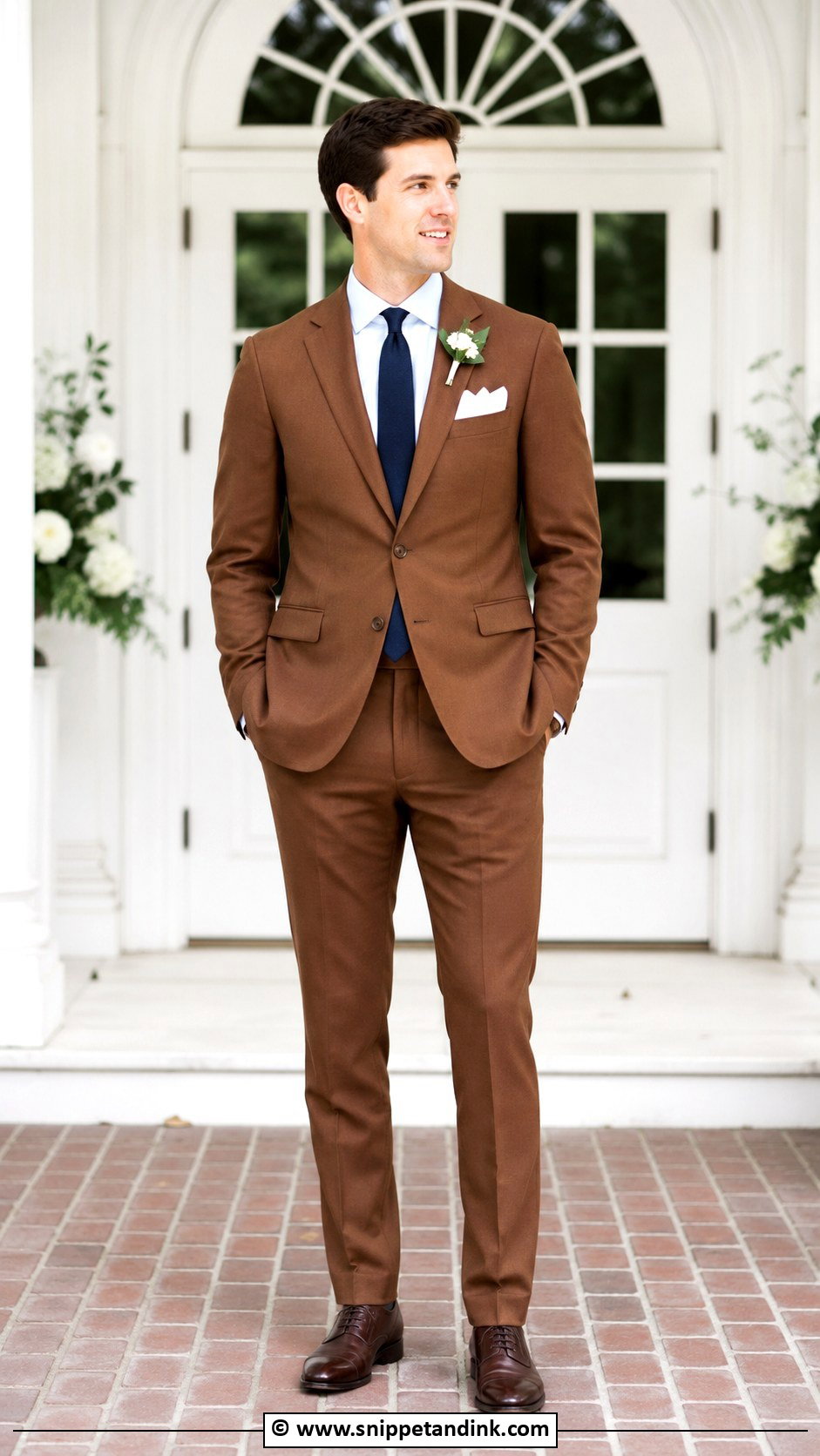 Brown Suit With Navy Tie - Snippet and Ink - 30 Brown Suit Wedding Ideas