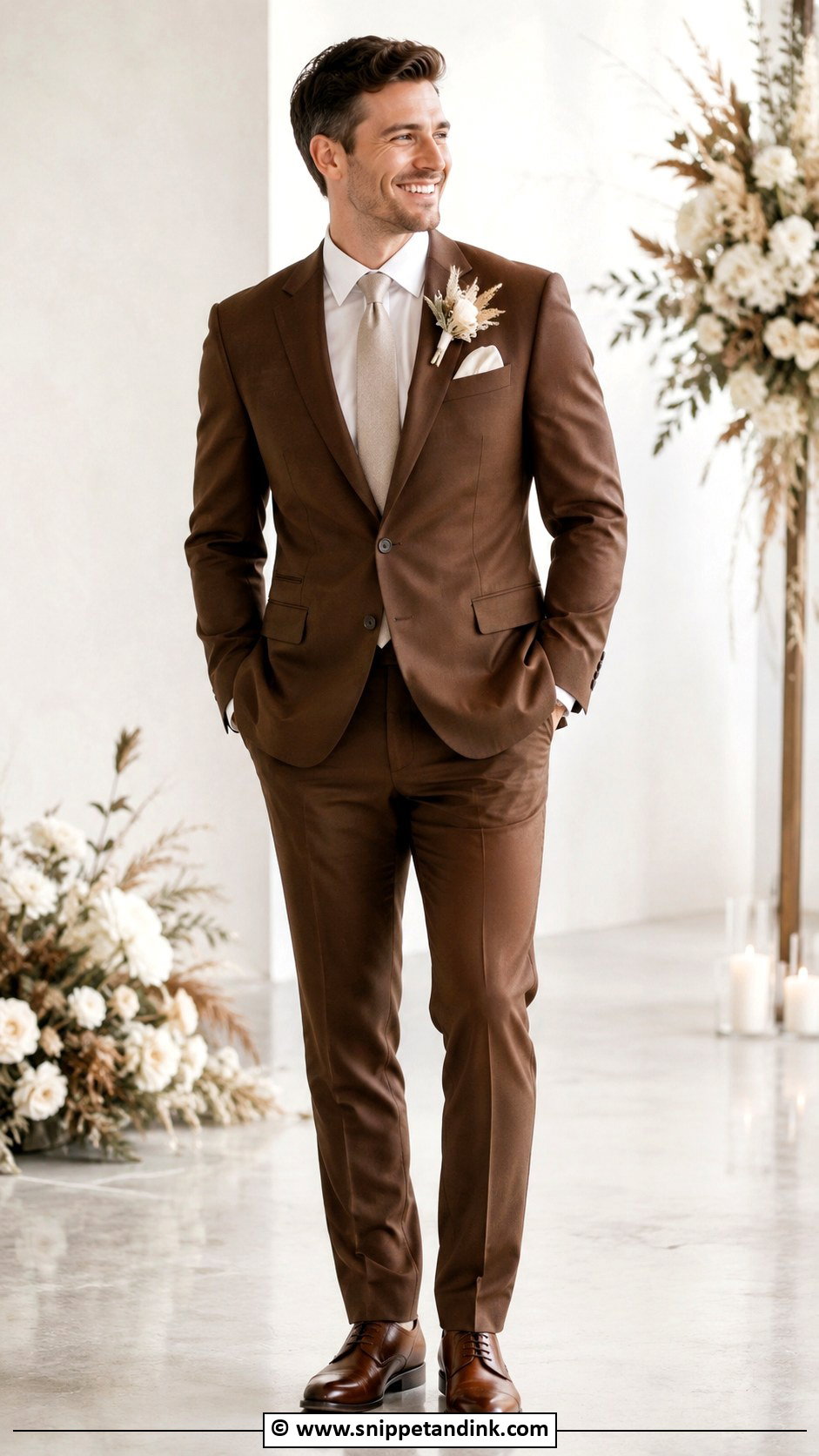 Brown Suit With Neutral Wedding Palette - Snippet and Ink - 30 Brown Suit Wedding Ideas